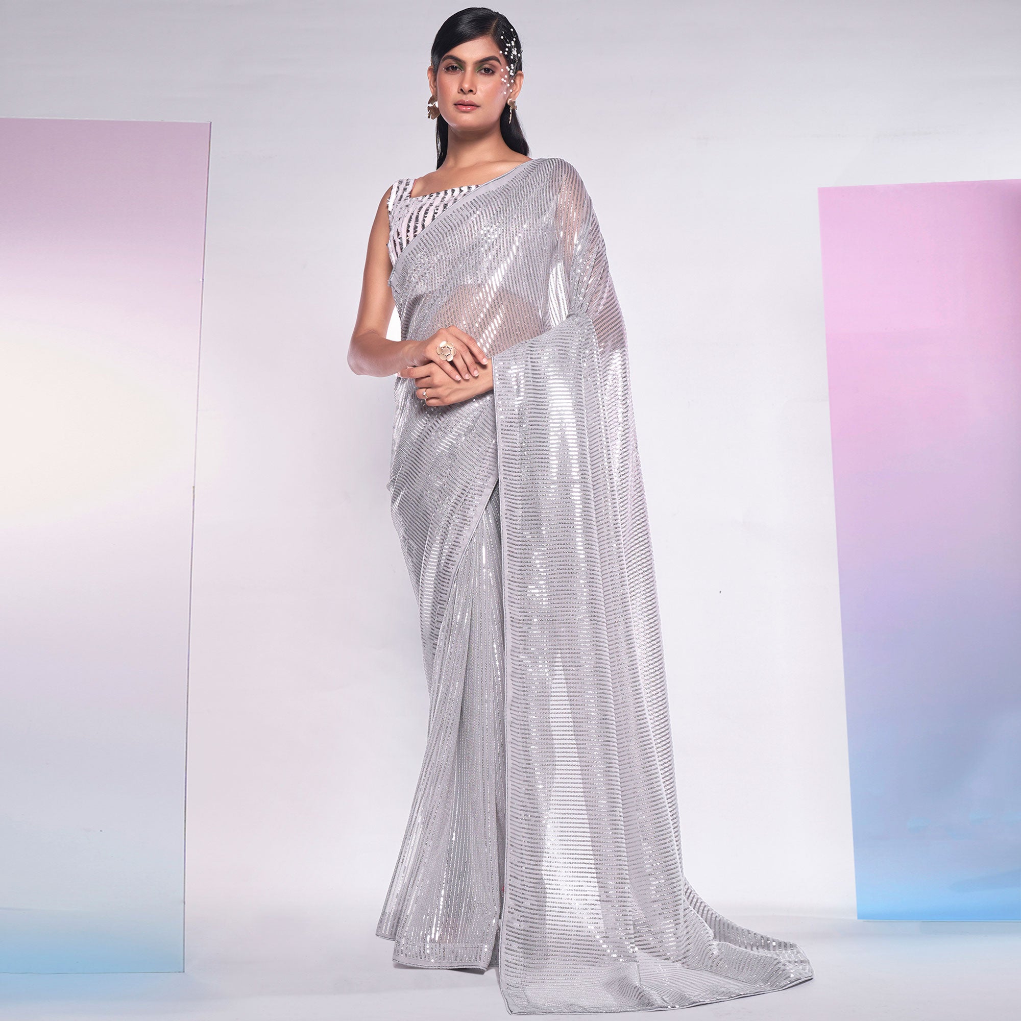 Grey Sequins Embroidered Georgette Saree