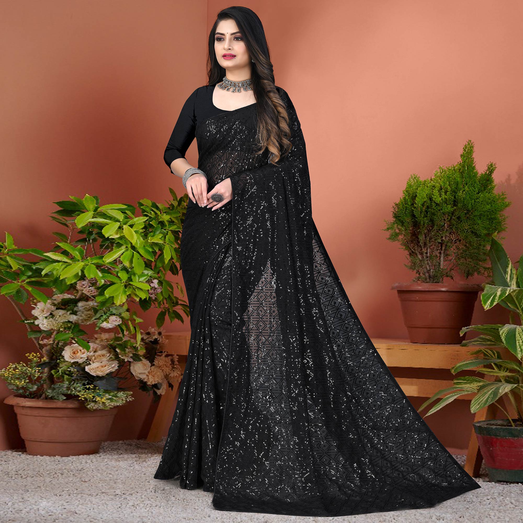 Black Sequins Embroidered Georgette Saree