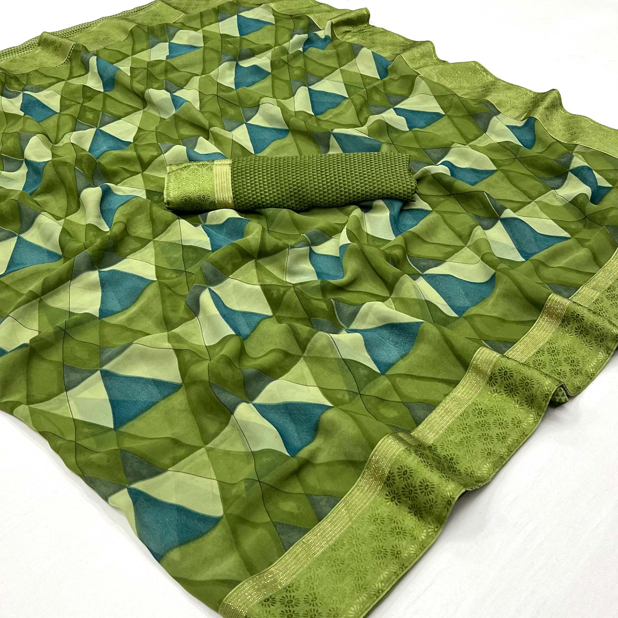 Pista Green Geometric Printed Georgette Saree