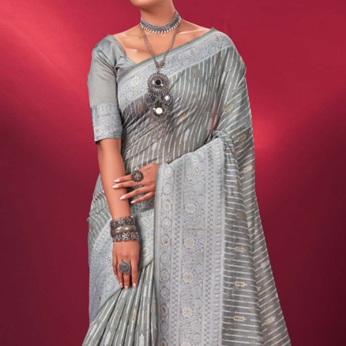 Grey Woven Cotton Silk Saree With Tassels