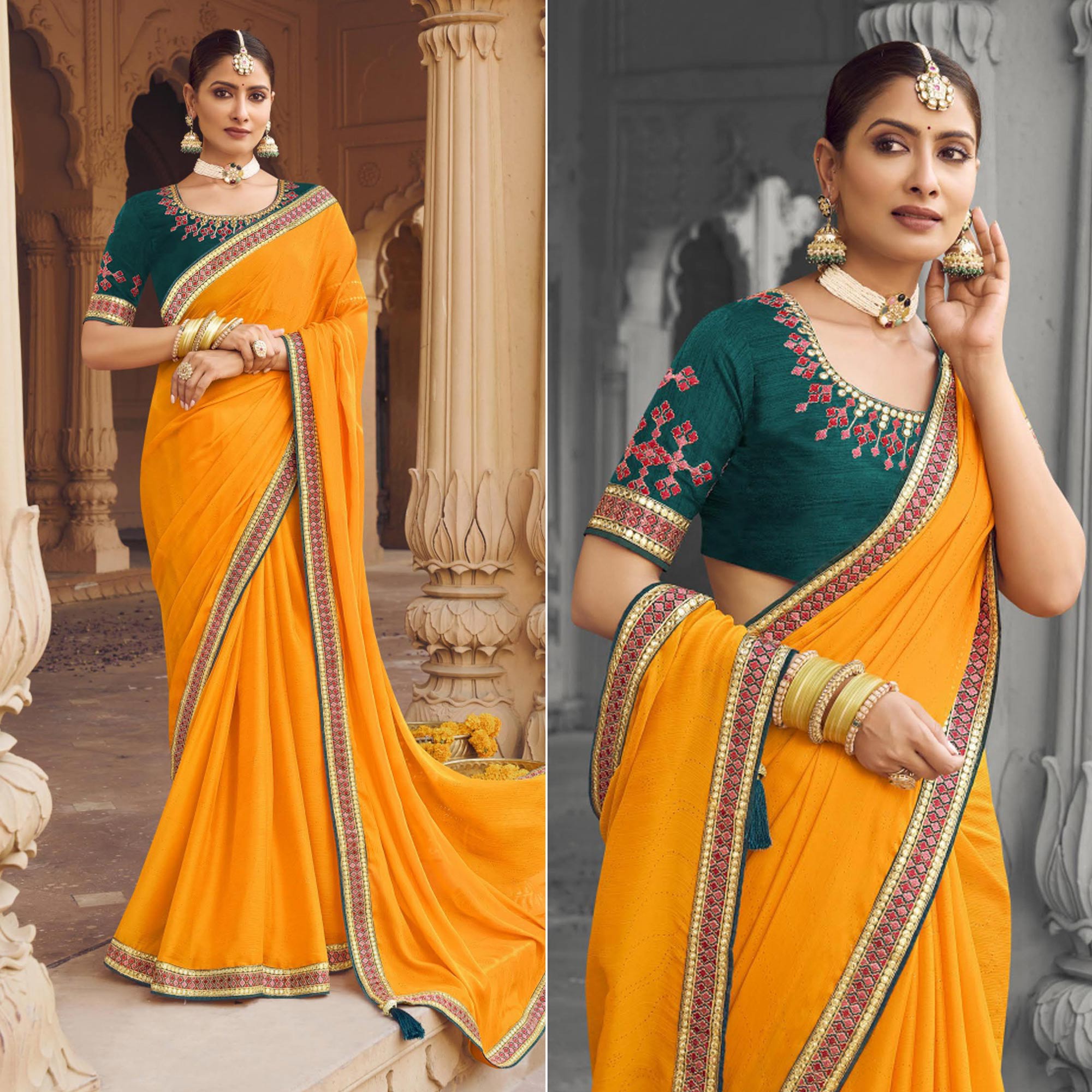 Mustard Embellished With Embroidered Border Satin Saree