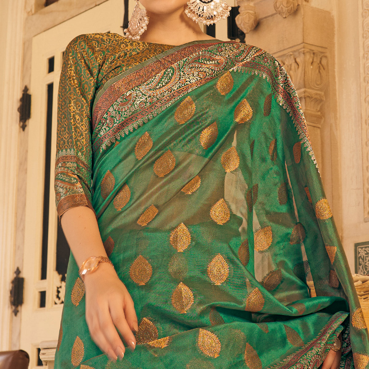 Green Woven Organza Saree