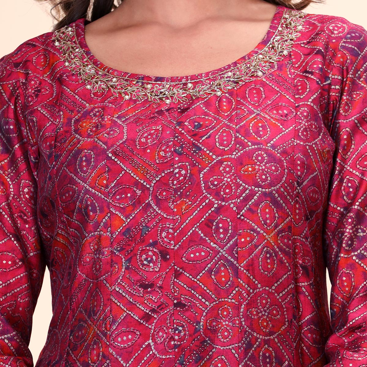 Pink Bandhani Printed And Gota Work Muslin Anarkali Suit