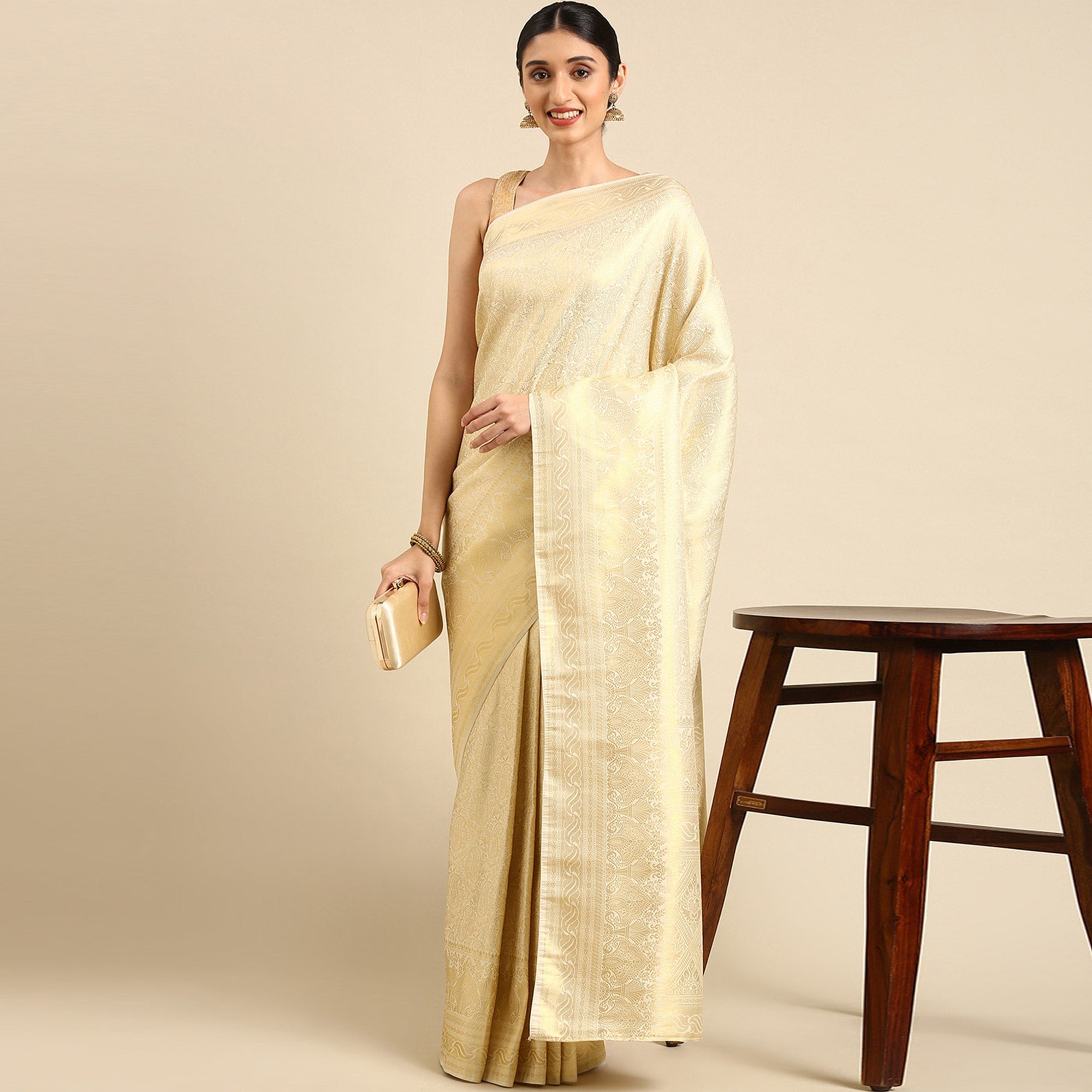 Cream Woven Kanjivaram Silk Saree