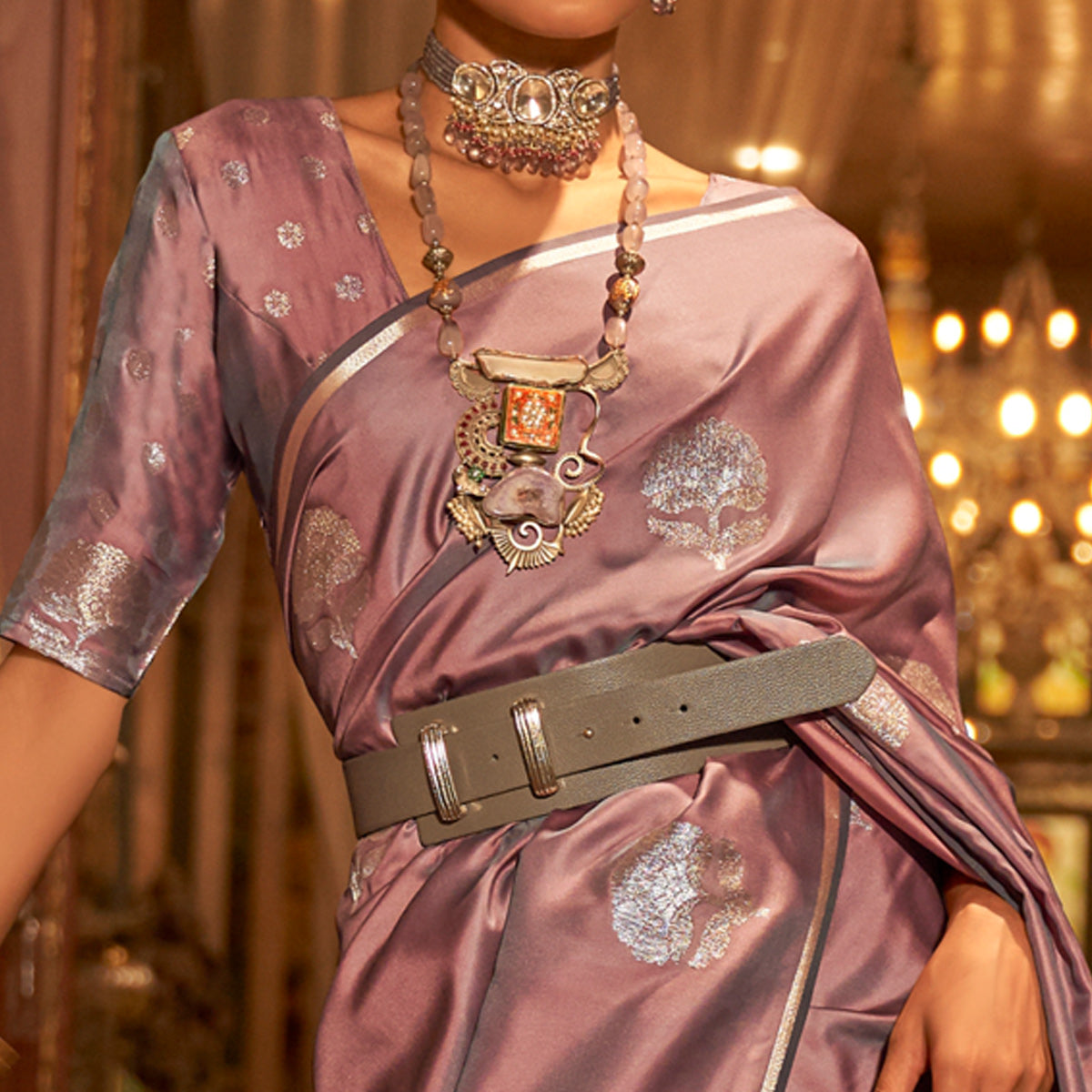 Dusty Pink Floral Woven Satin Saree With Tassels