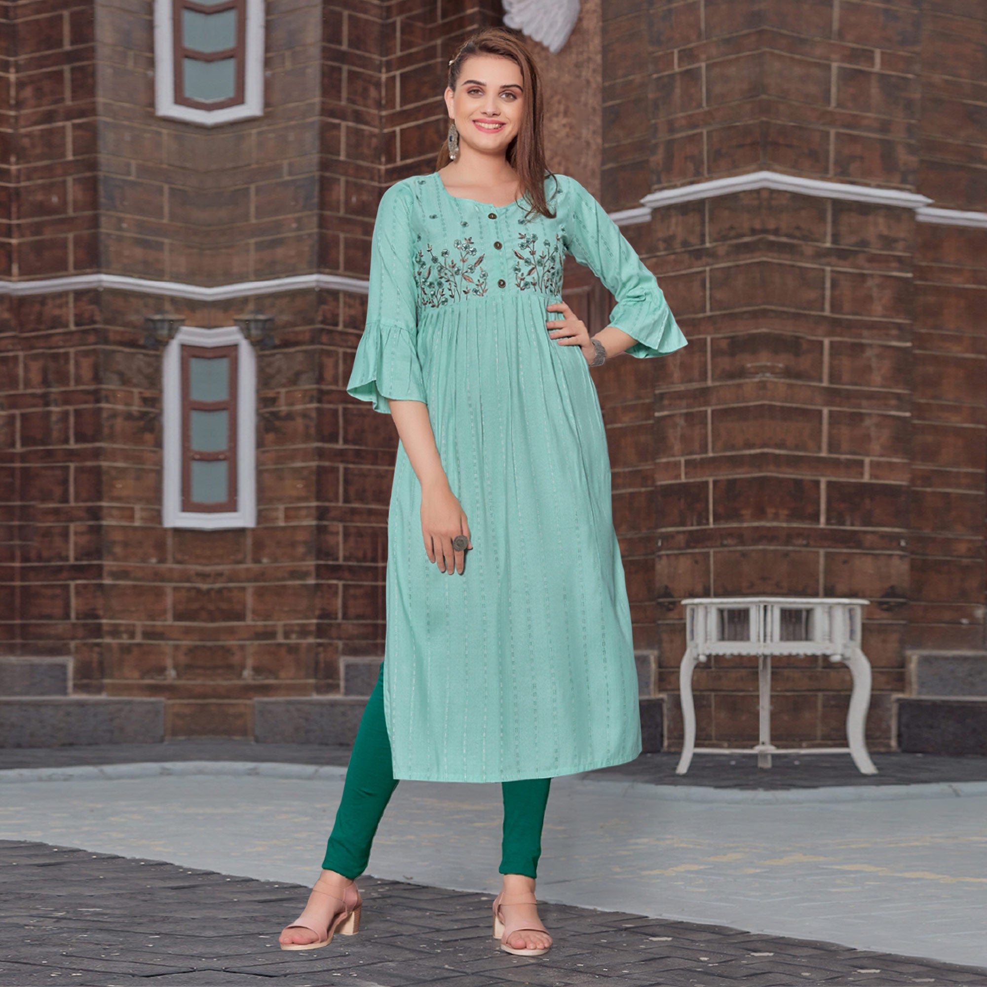 Turquoise Floral Embroidered Rayon Naira Cut Kurti