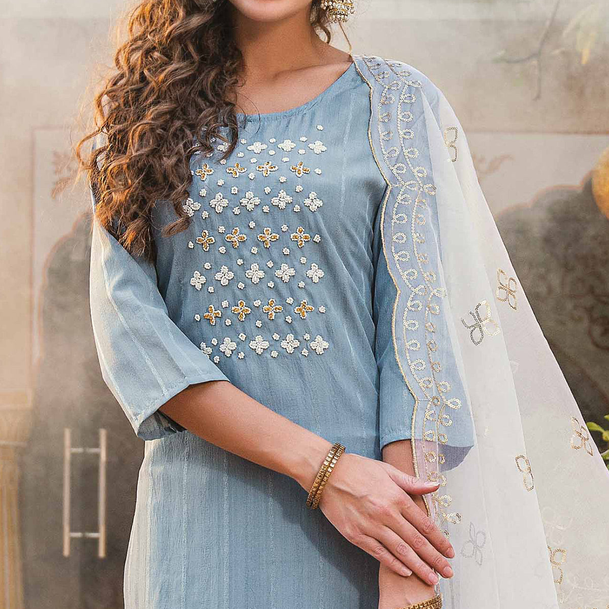 Light Blue Embellished Viscose Salwar Suit