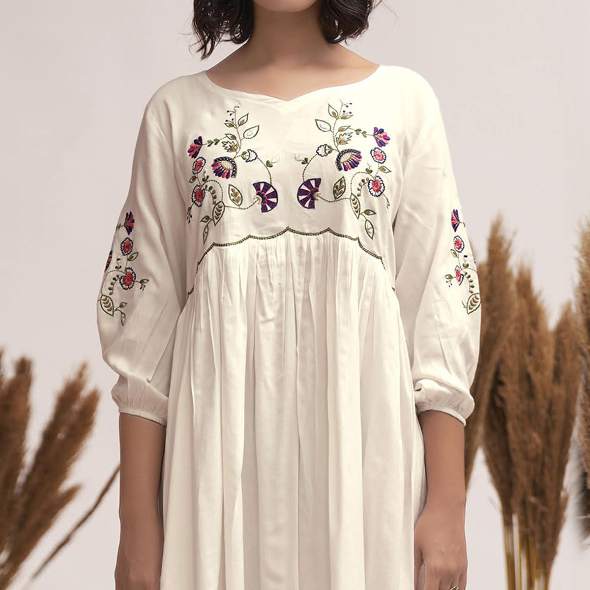 White Floral Embroidered Rayon Short Dress