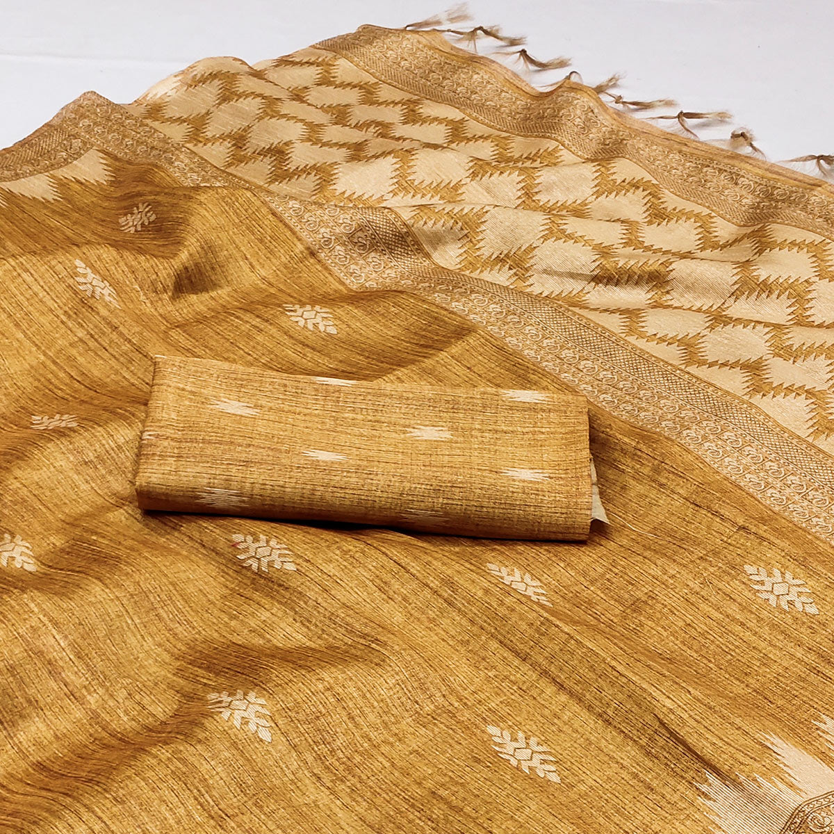 Mustard Printed Tussar Silk Saree With Tassels