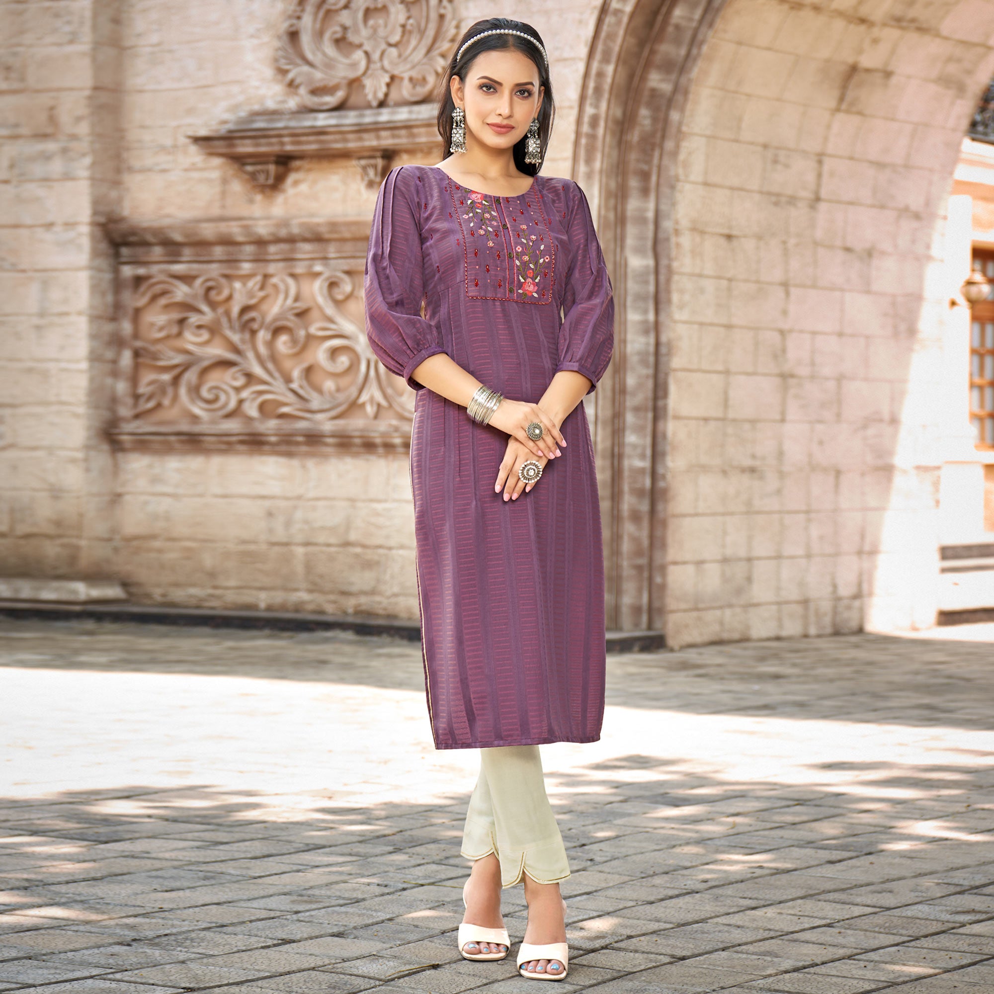 Purple Embroidered Rayon Kurti