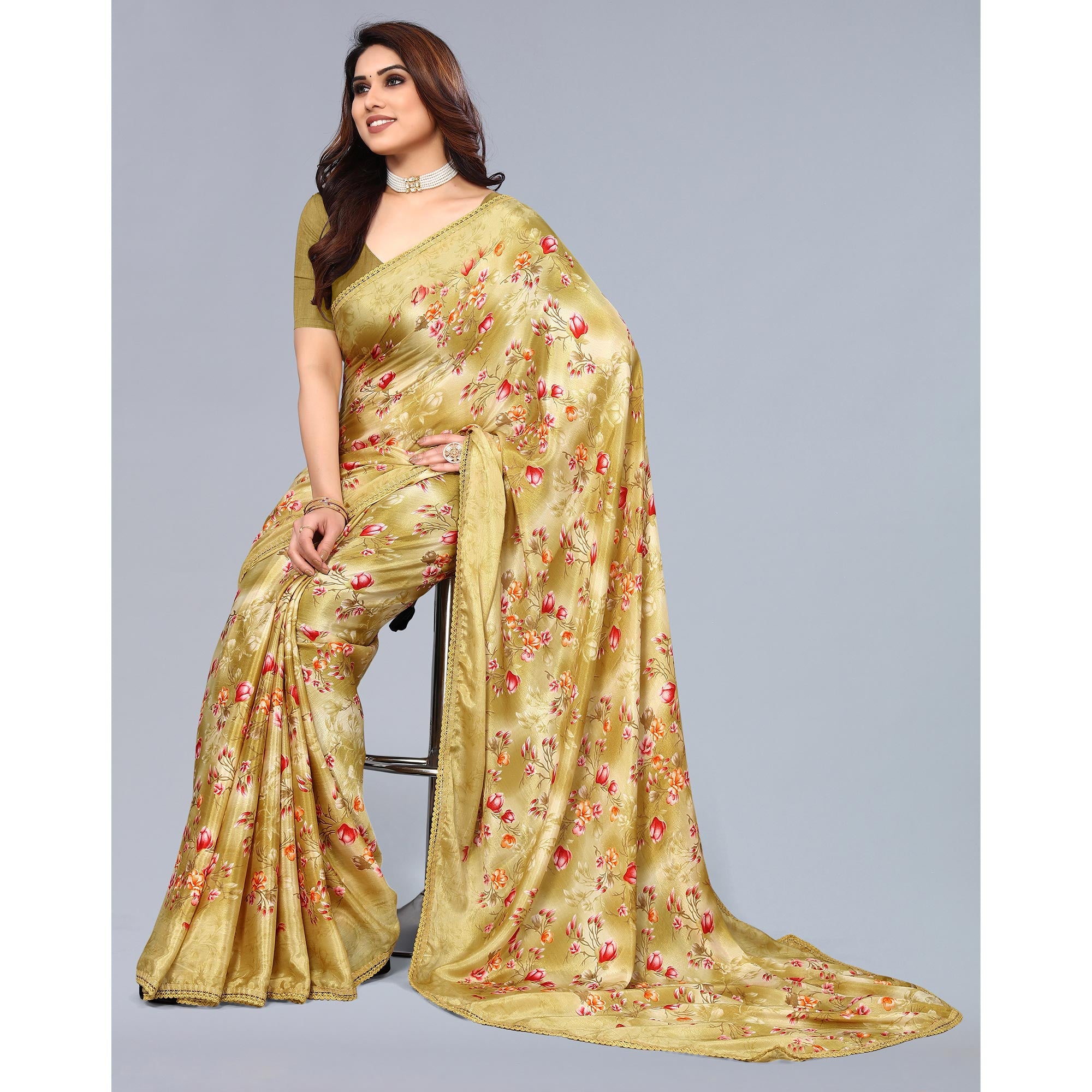 Mustard Floral Printed Art Silk Saree With Crochet Border