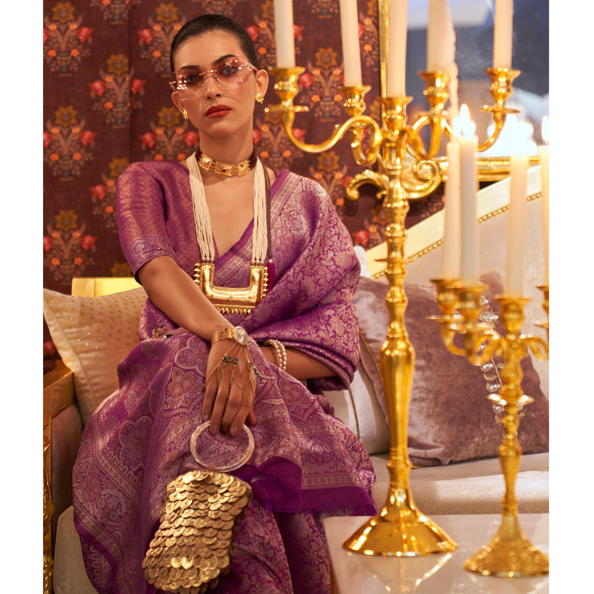 Purple Floral Woven Art Silk Saree