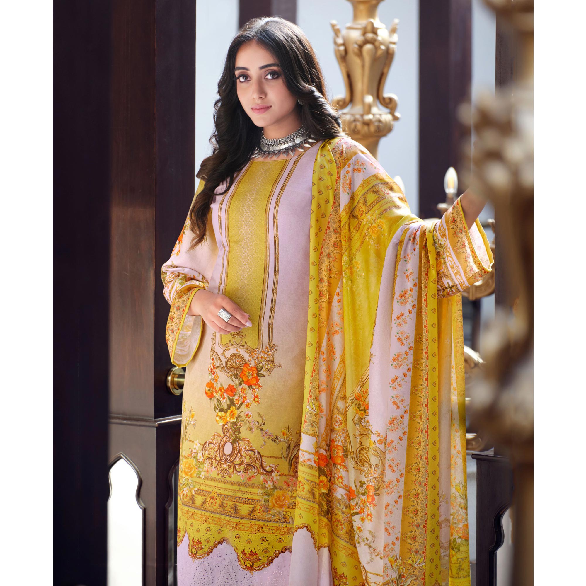 Mauve And Yellow Digital Printed With Daman Embroidered Pure Cotton Pakistani Suit