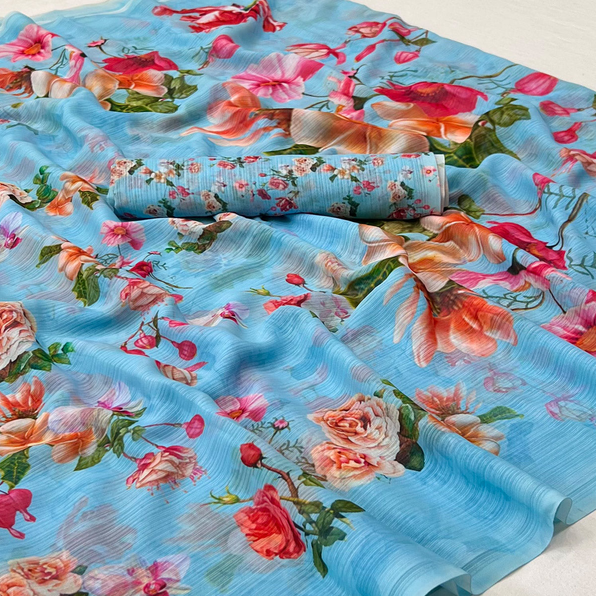 Blue Floral Digital Printed Georgette Saree