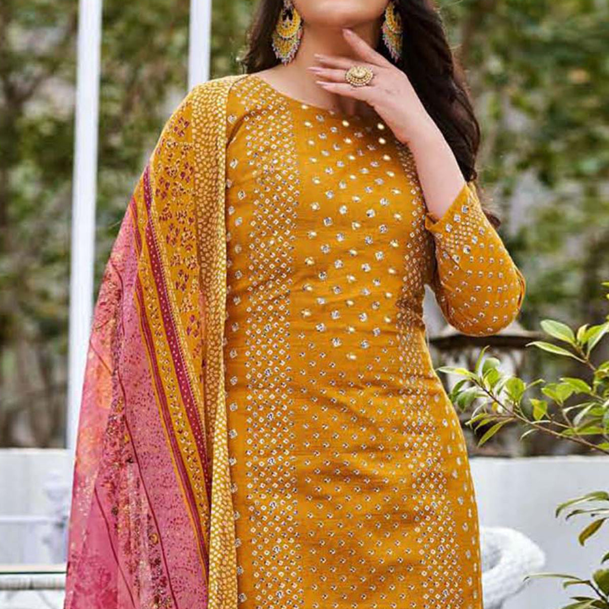 Mustard Bandhani Printed Pure Cotton Salwar Suit