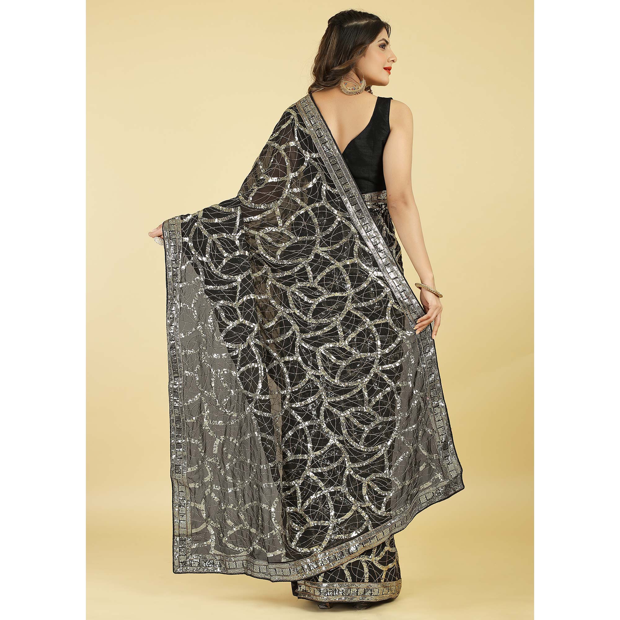 Black Sequins Work Georgette Saree