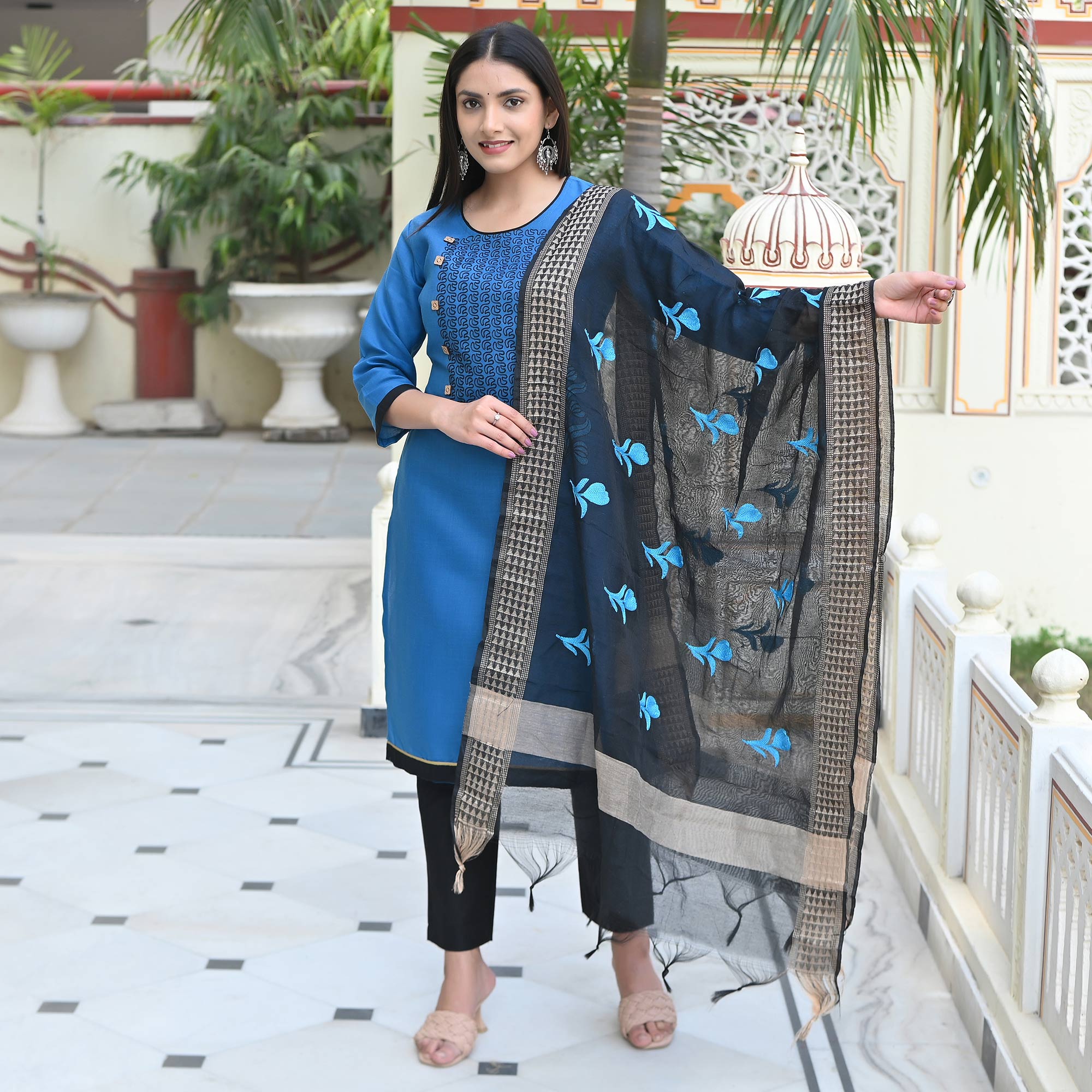 Blue Embroidered Cotton Blend Salwar Suit