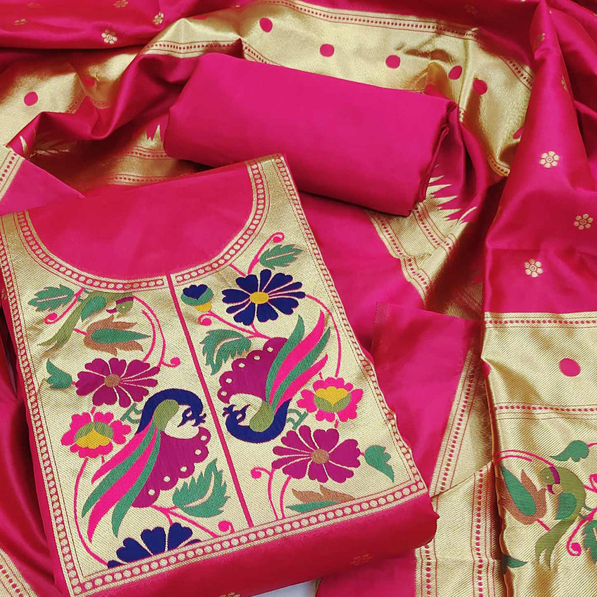 Rani Pink Woven Banarasi Silk Paithani Dress Material