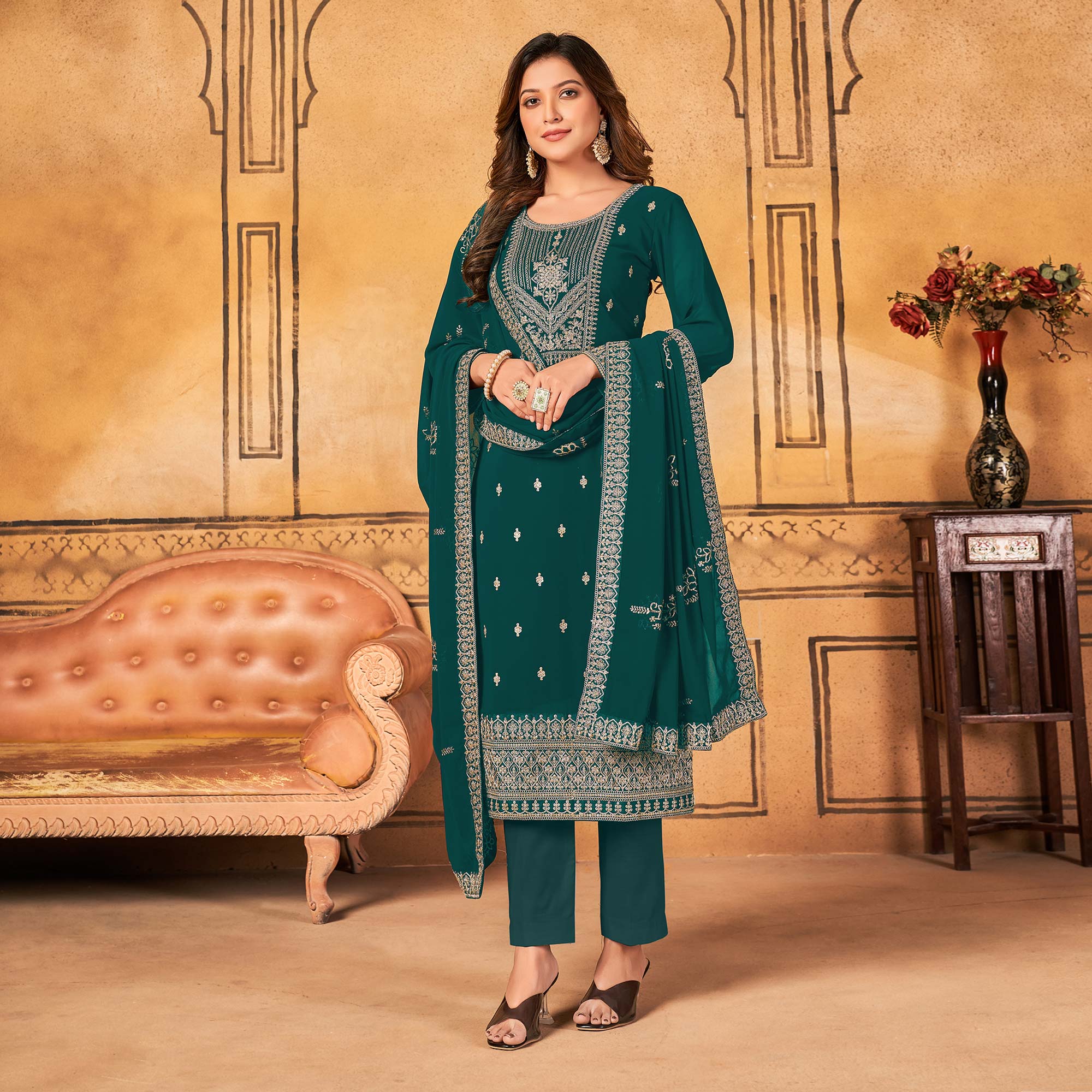 Green Floral Embroidered Georgette Salwar Suit