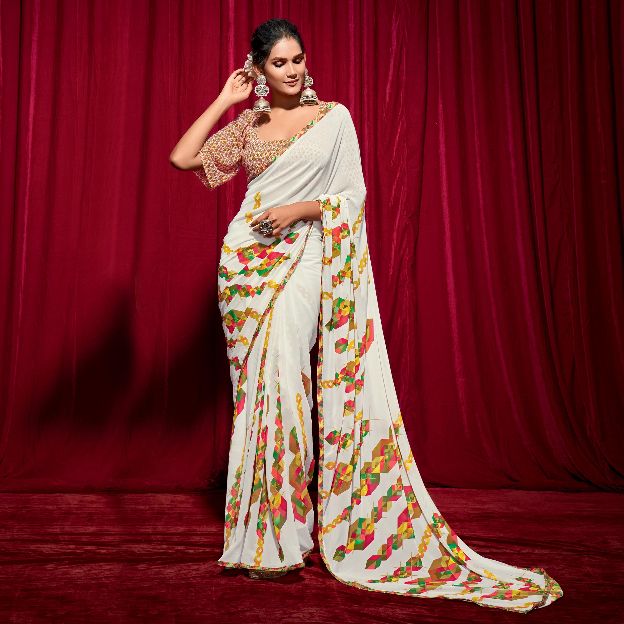 White Printed Georgette Saree