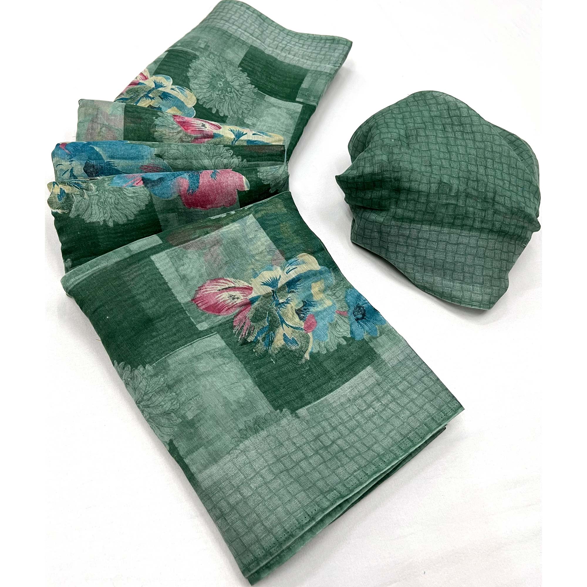 Green Floral Printed Linen Saree