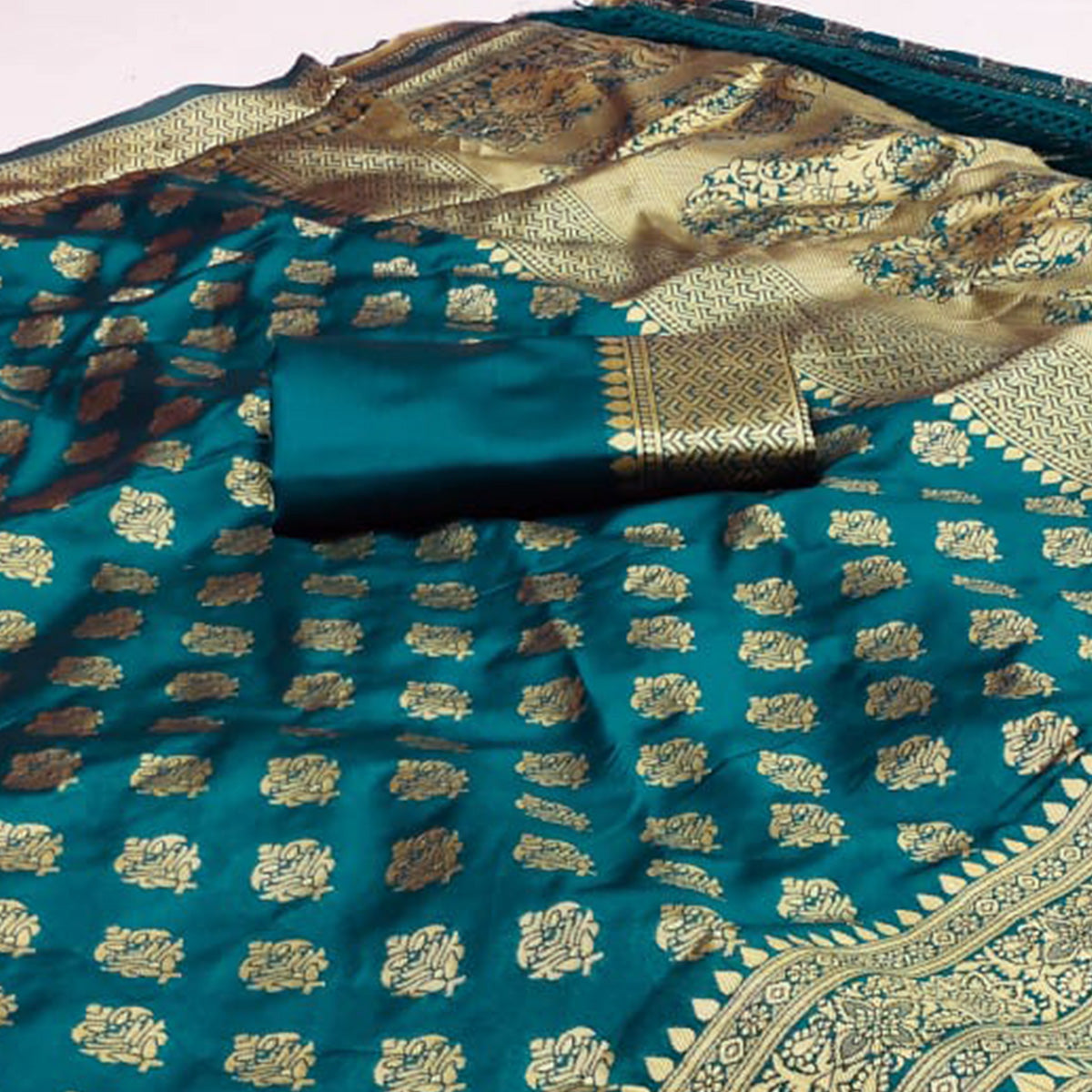 Rama Blue Woven Jacquard Saree With Tassels