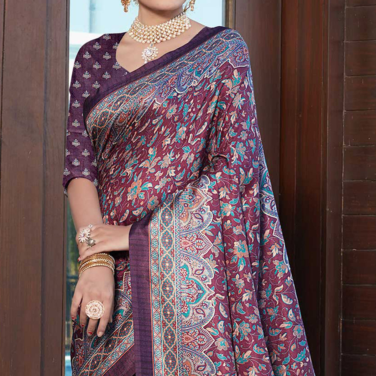 Purple Digital Printed Pashmina Saree