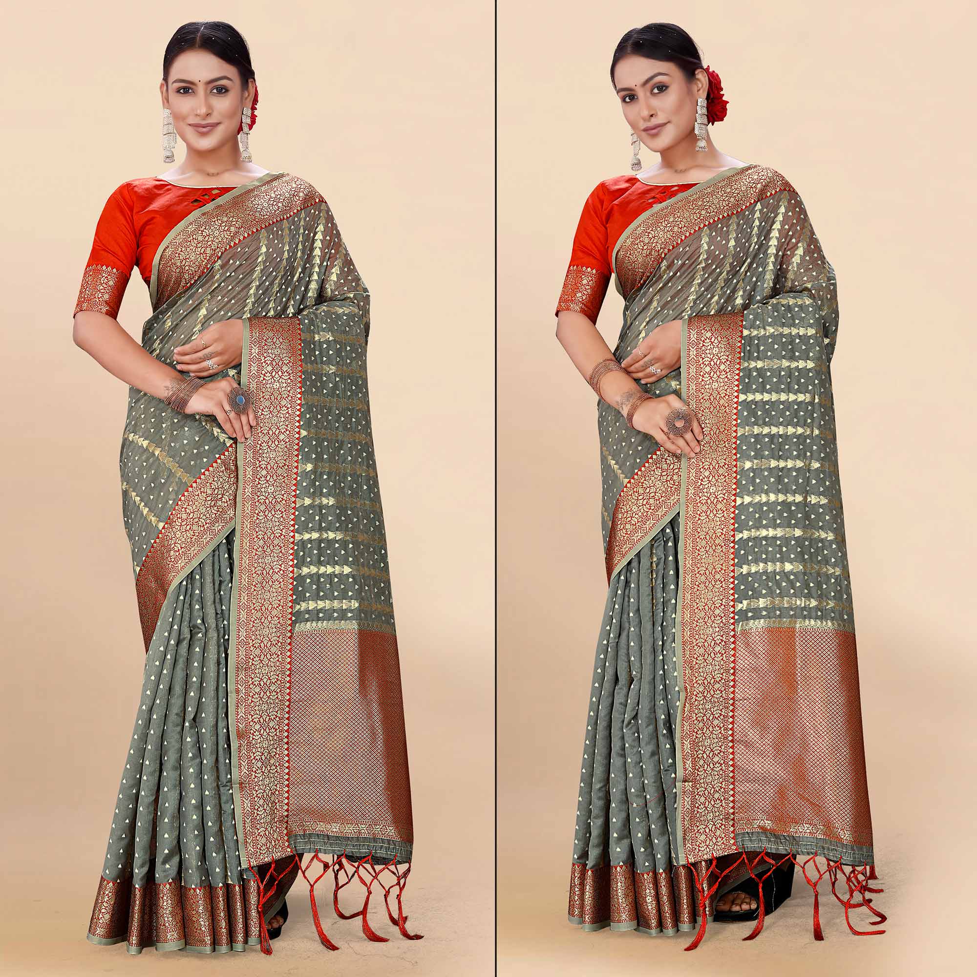 Grey Woven Organza Saree With Tassels