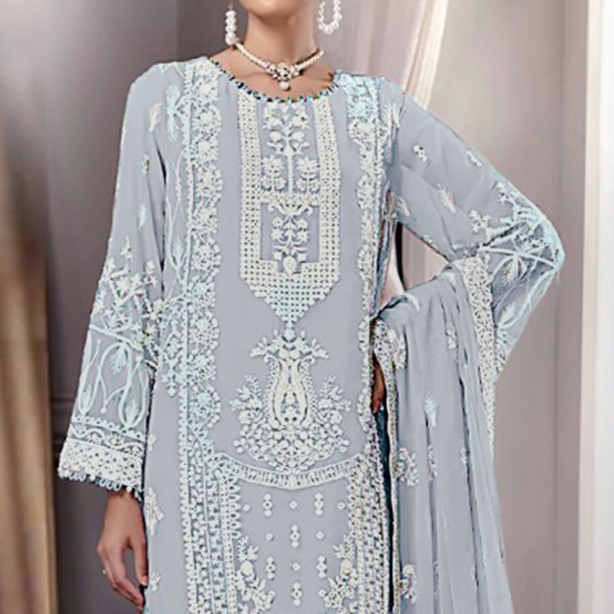 Grey Floral Embroidered Georgette Pakistani Suit