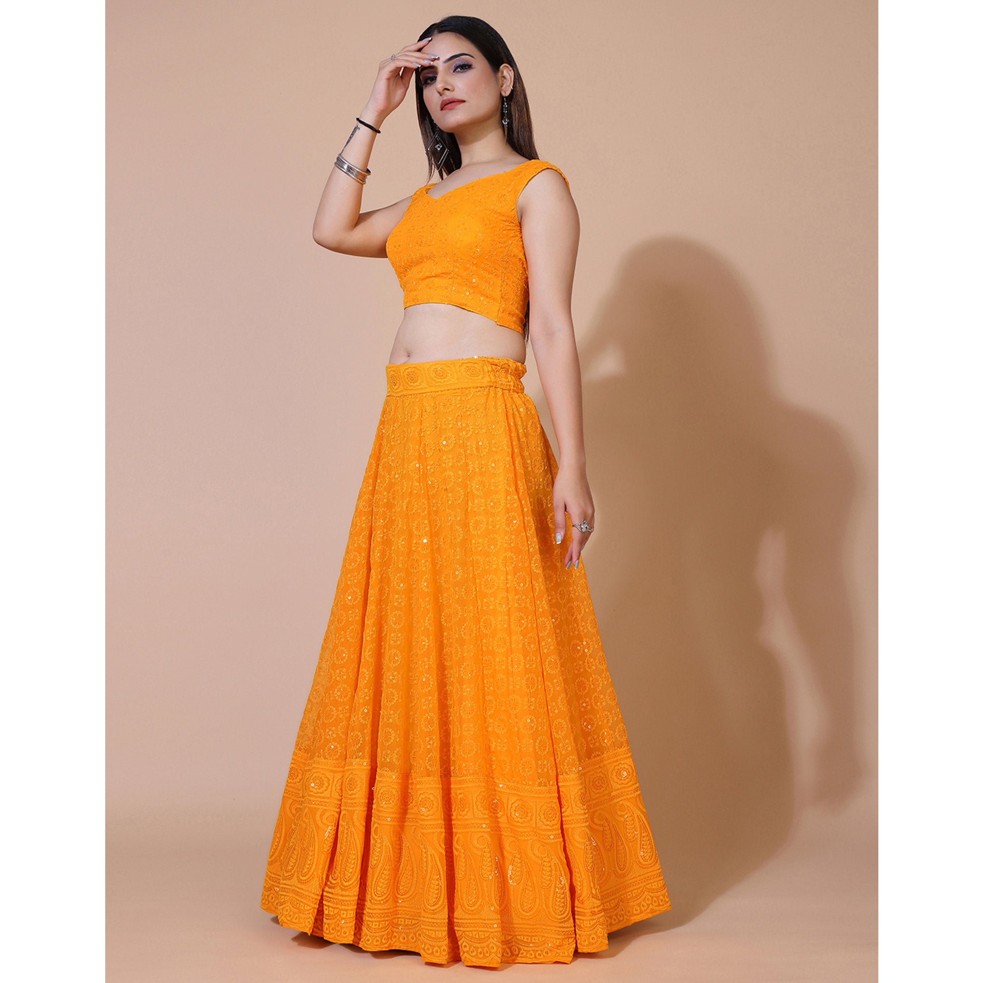 Orange Lucknowi Chikankari Work Georgette Lehenga Choli