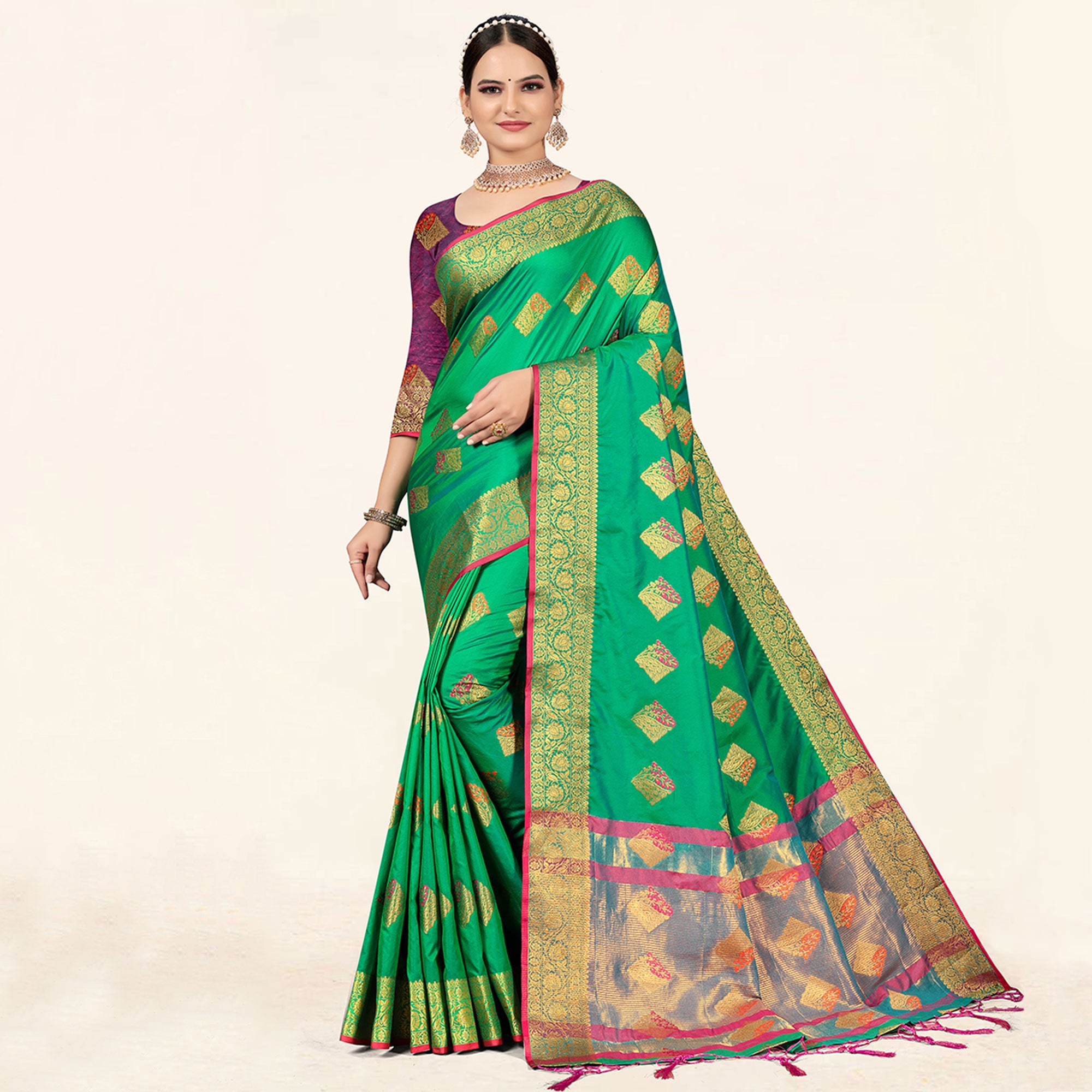 Sea Green Woven Art Silk Saree With Tassels