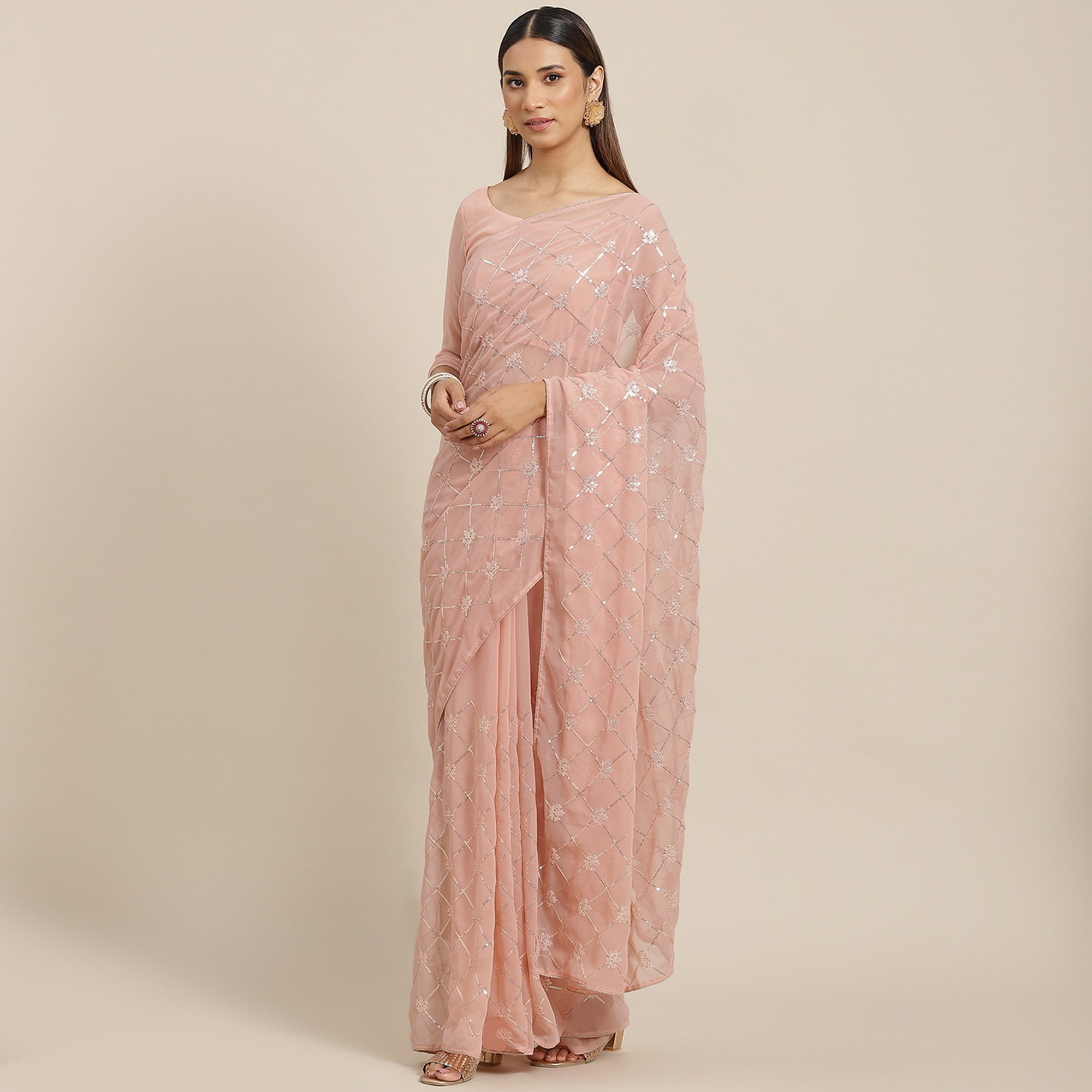 Peach Sequins Embroidered Georgette Saree