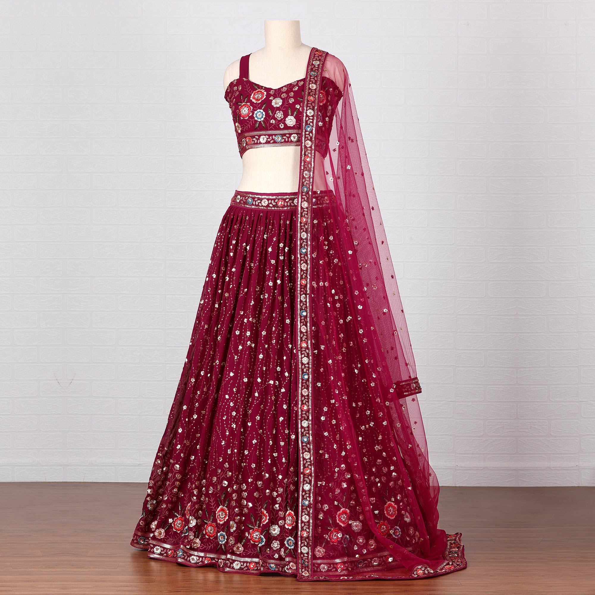 Wine Sequins Embroidered Georgette Lehenga Choli