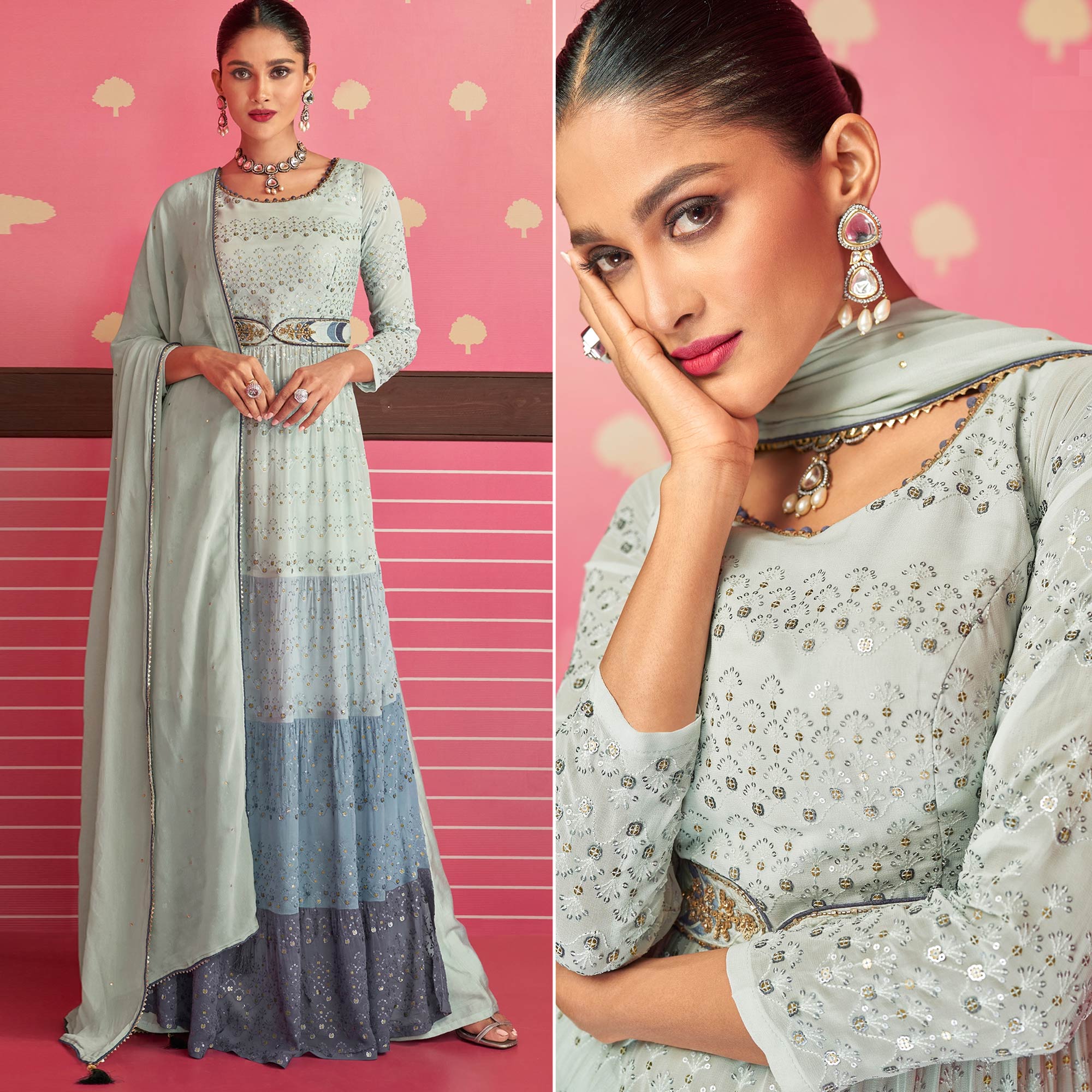 Grey Sequins Embroidered Georgette Naira Cut Sharara Suit