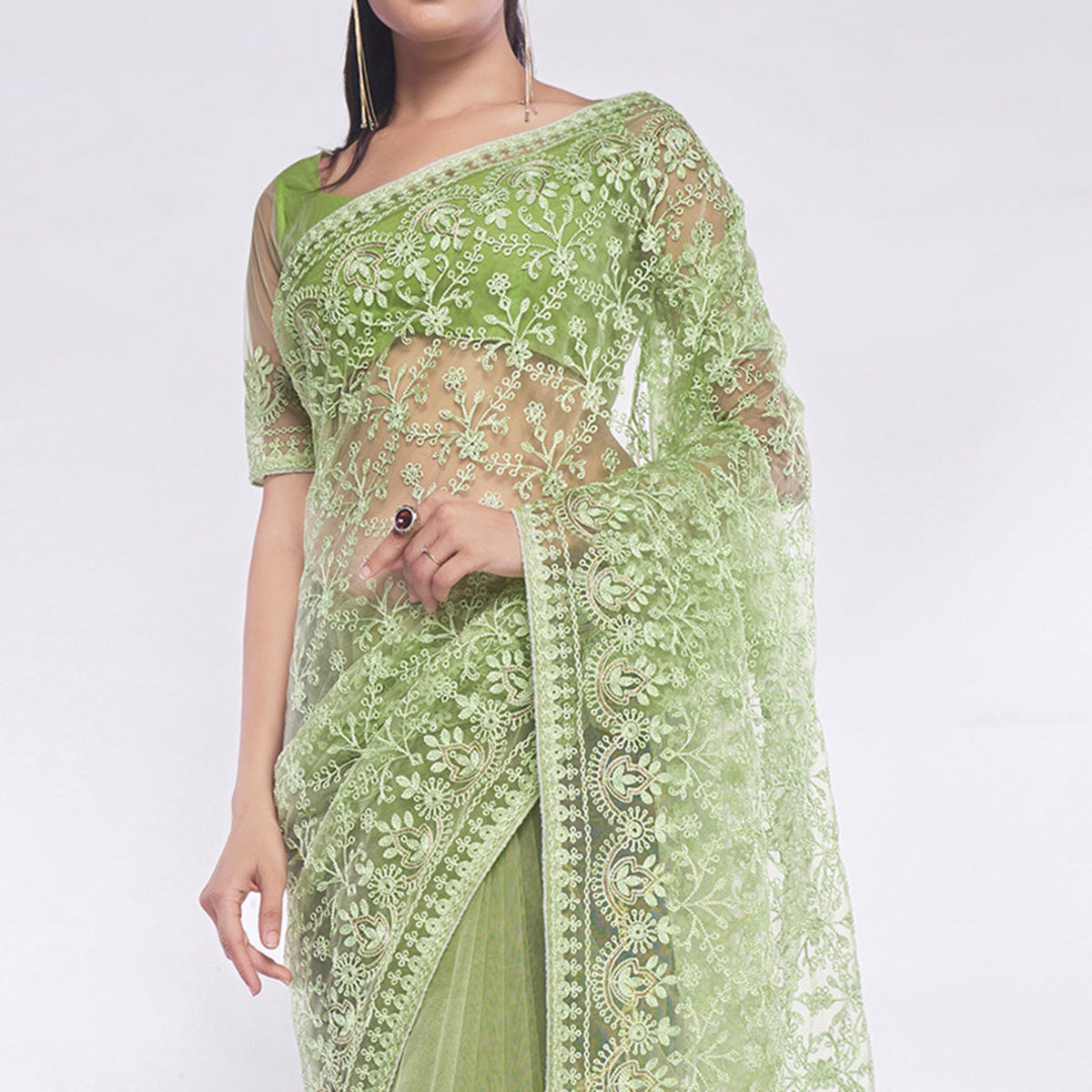 Green Floral Embroidered Net Saree