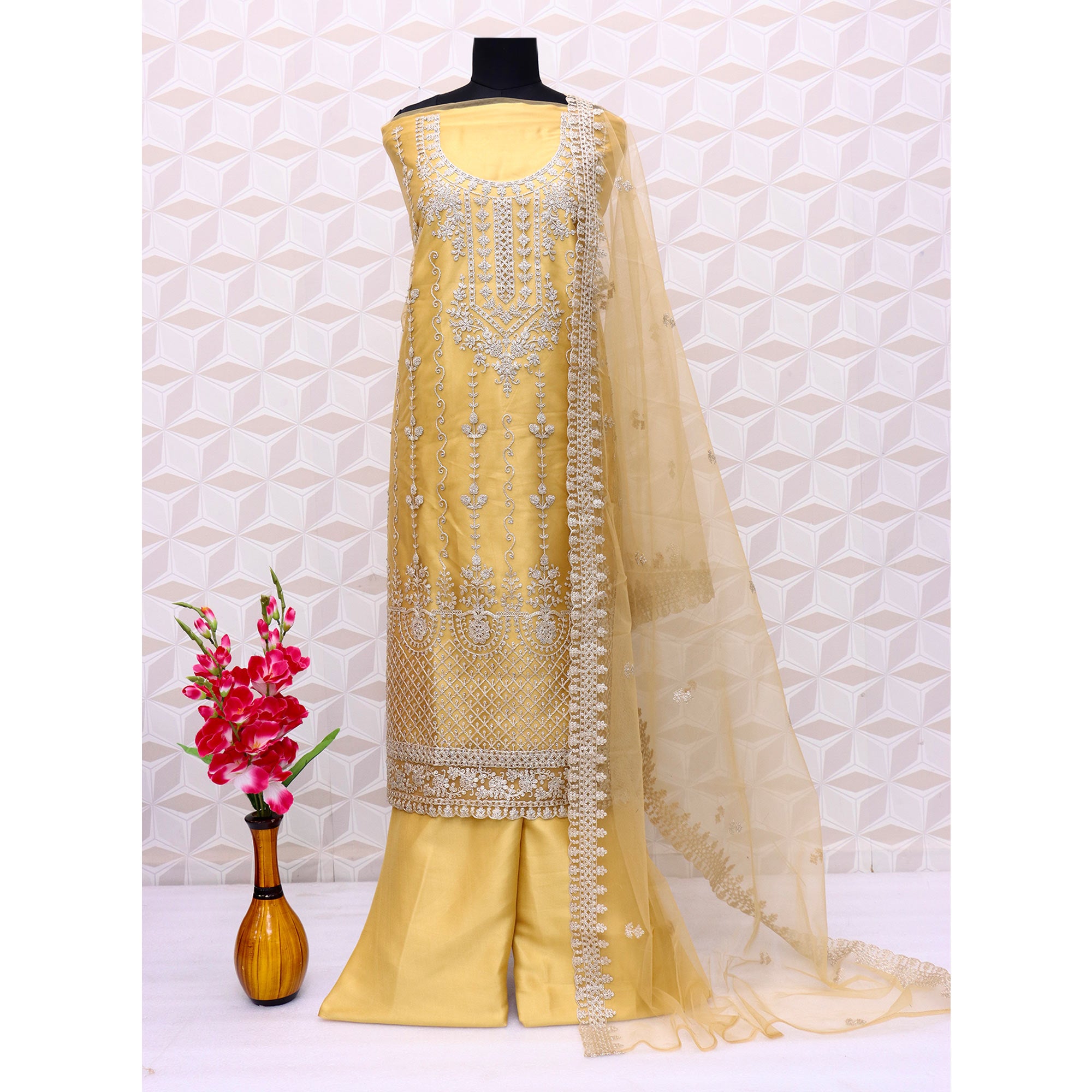 Yellow Floral Embroidered Netted Pakistani Suit