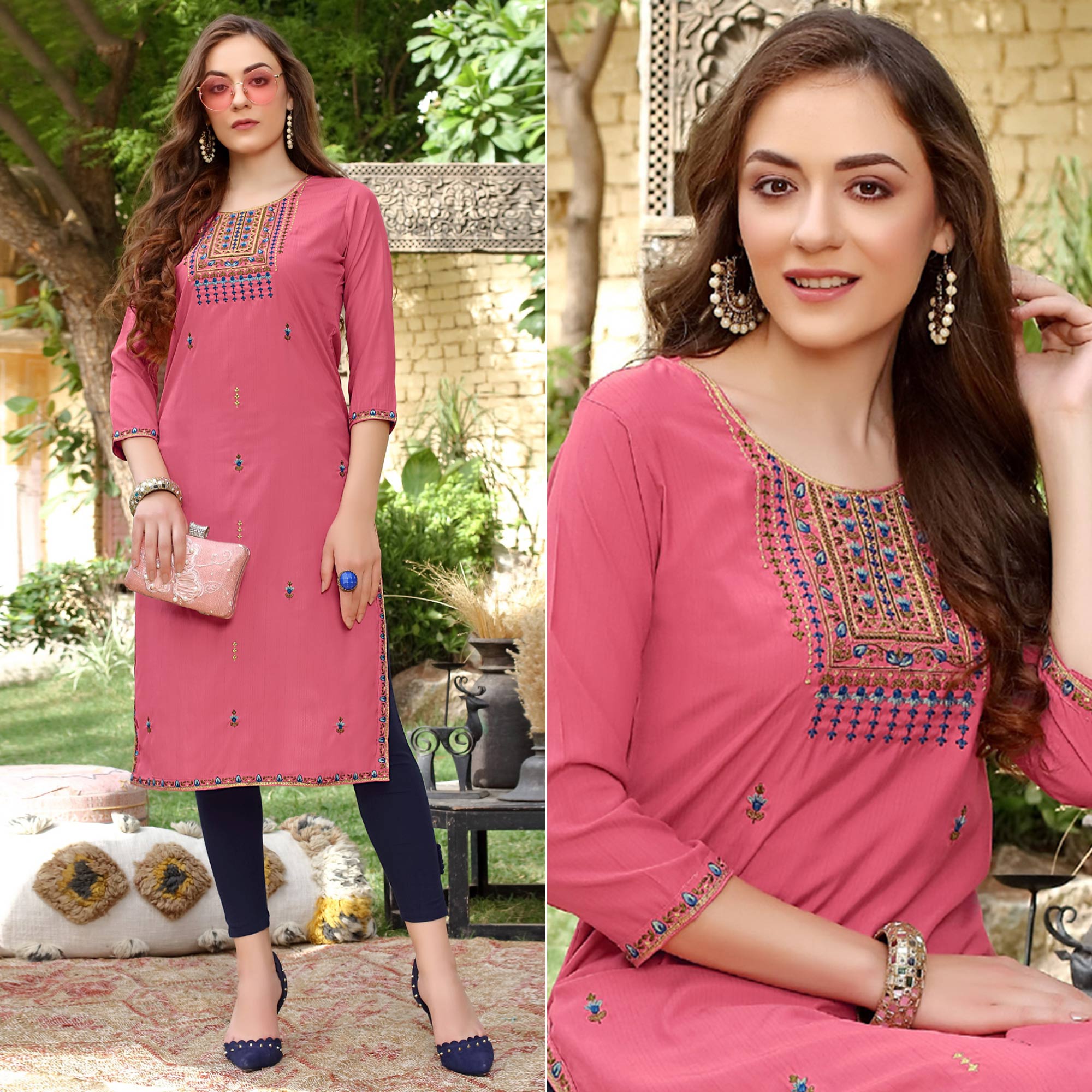 Pink Floral Embroidered Muslin Kurti