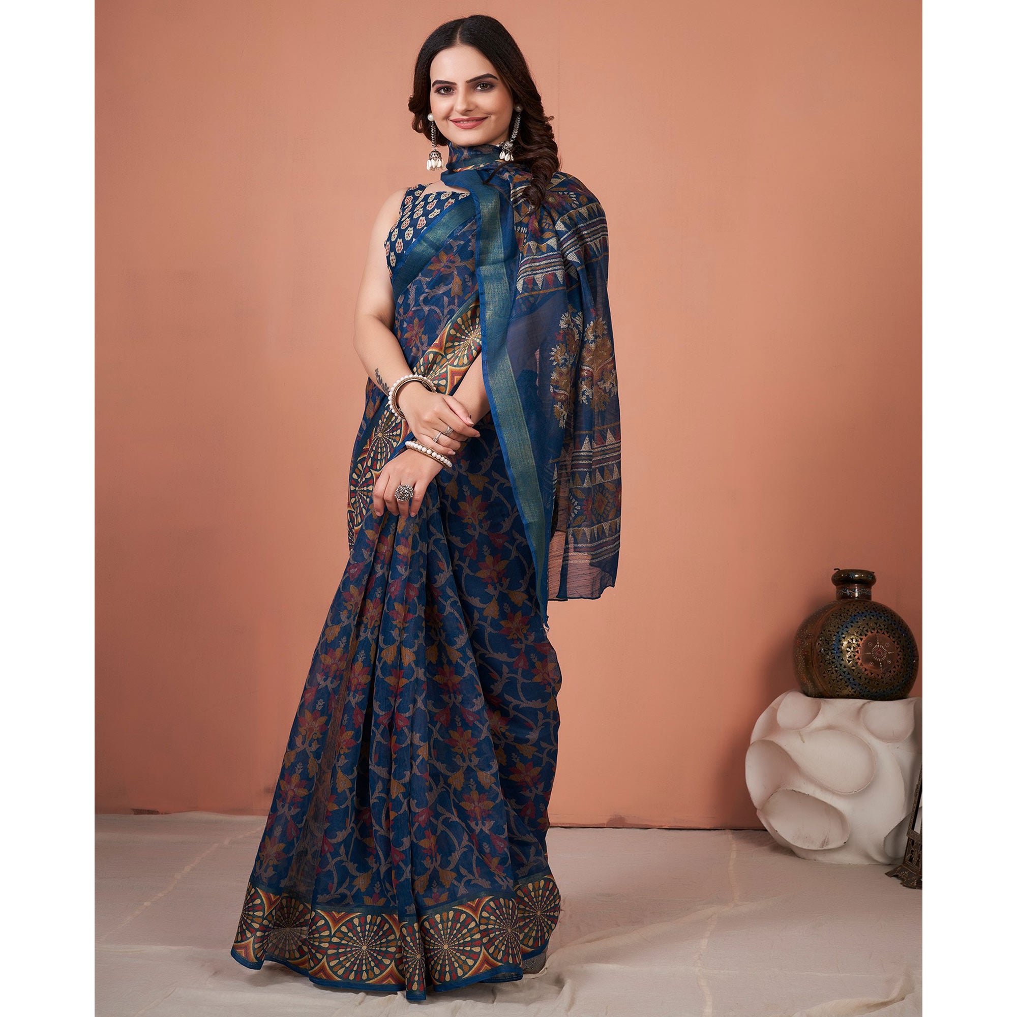 Navy Blue Printed Cotton Saree With Tassels