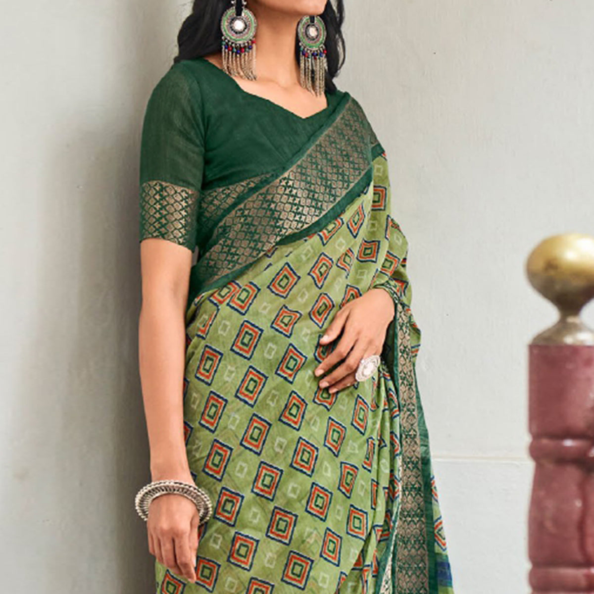 Green Printed With Woven Border Raw Silk Saree