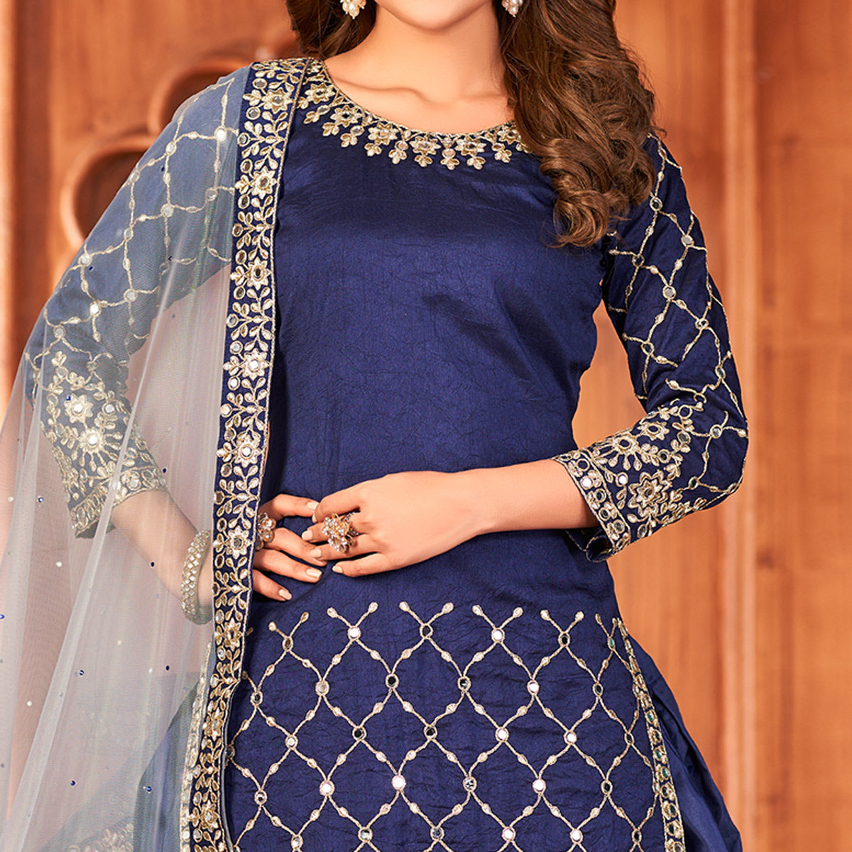 Navy Blue Embroidered Art Silk Patiala Suit