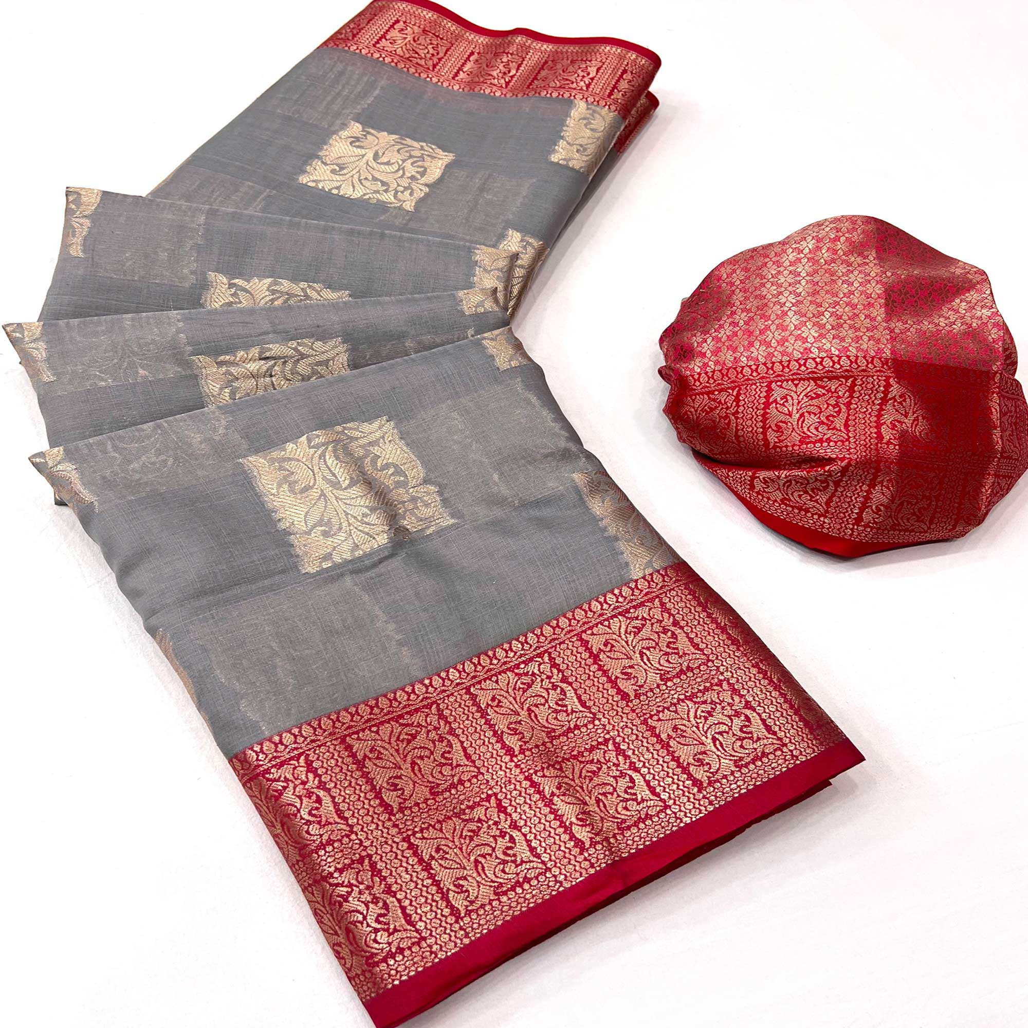Grey Woven Linen Saree With Tassels