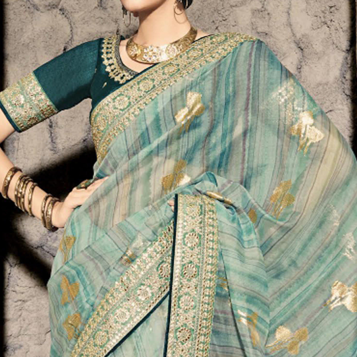 Rama Blue Woven With Embroidered Border Organza Saree