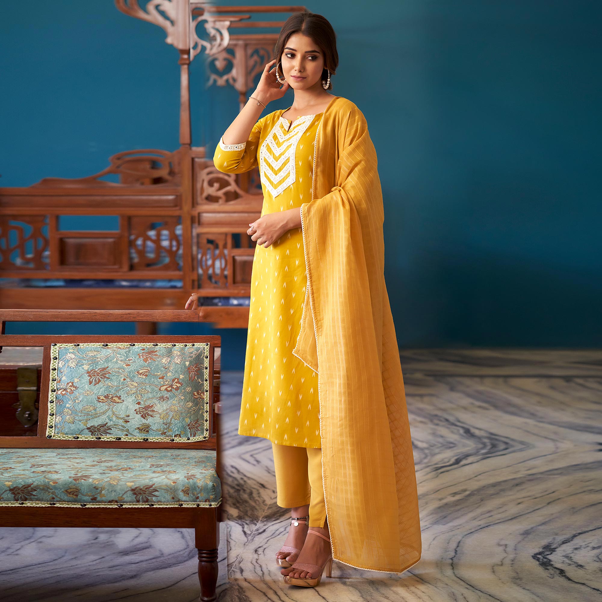 Yellow Embroidered Pure Cotton Suit