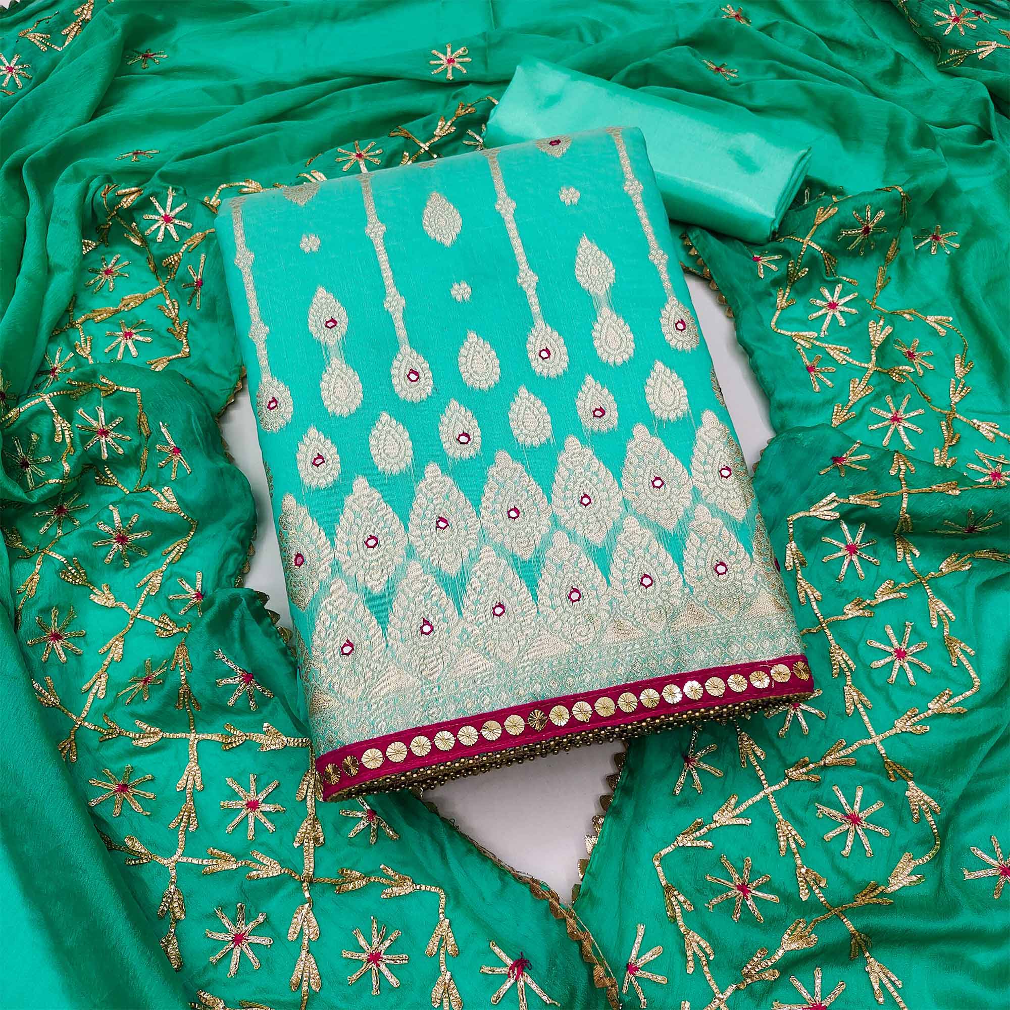 Turquoise Woven Banarasi Silk Dress Material