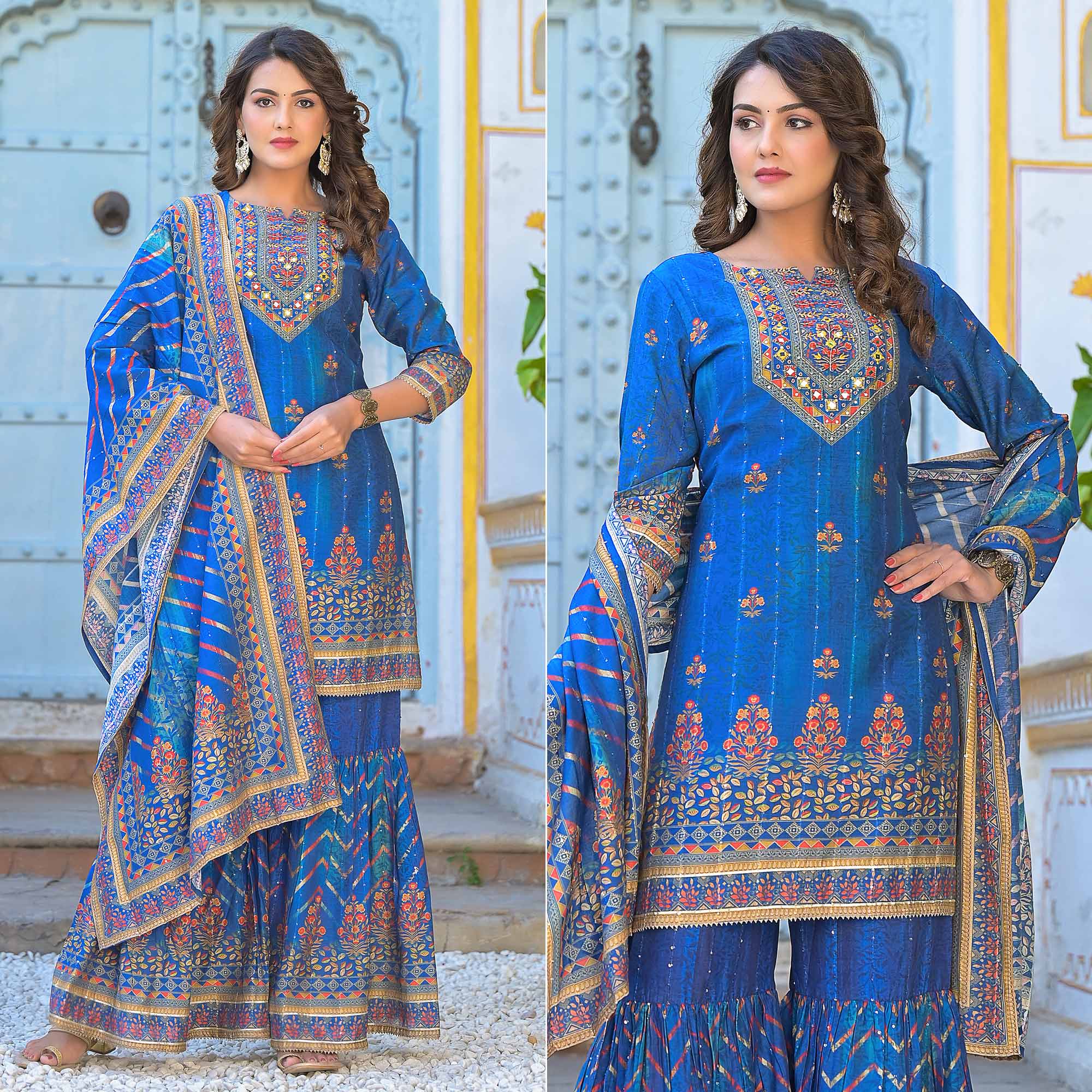 Blue Embroidery With Printed Muslin Sharara Suit