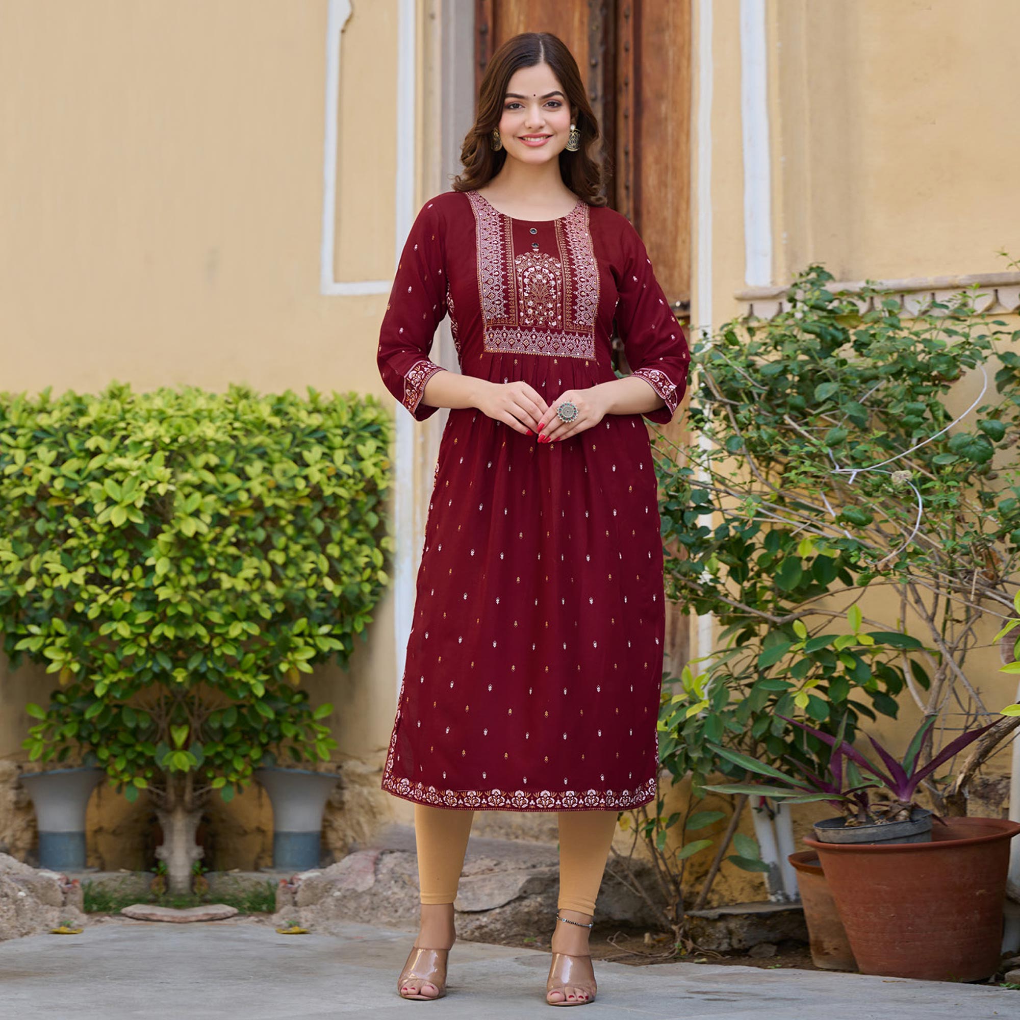 Maroon Printed Rayon Naira Cut Kurti