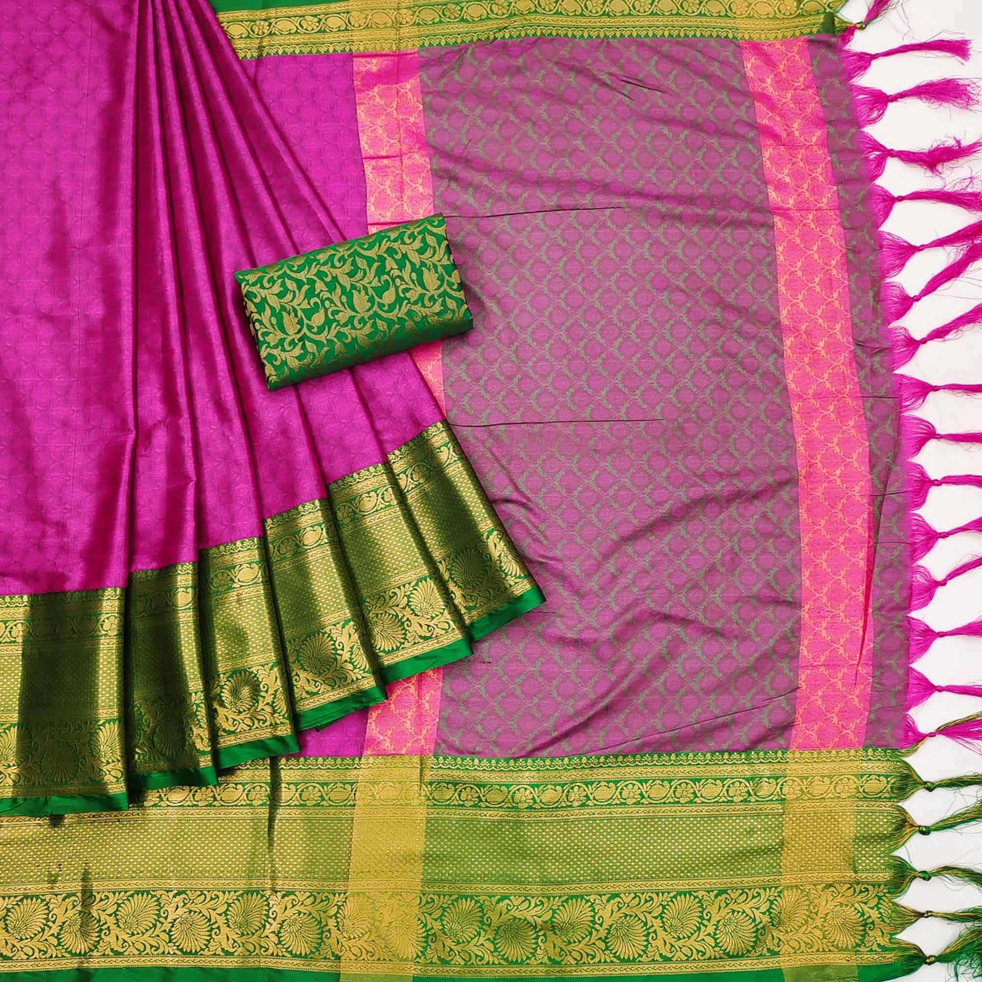 Rani Pink Printed And Woven Cotton Silk Saree With Tassels