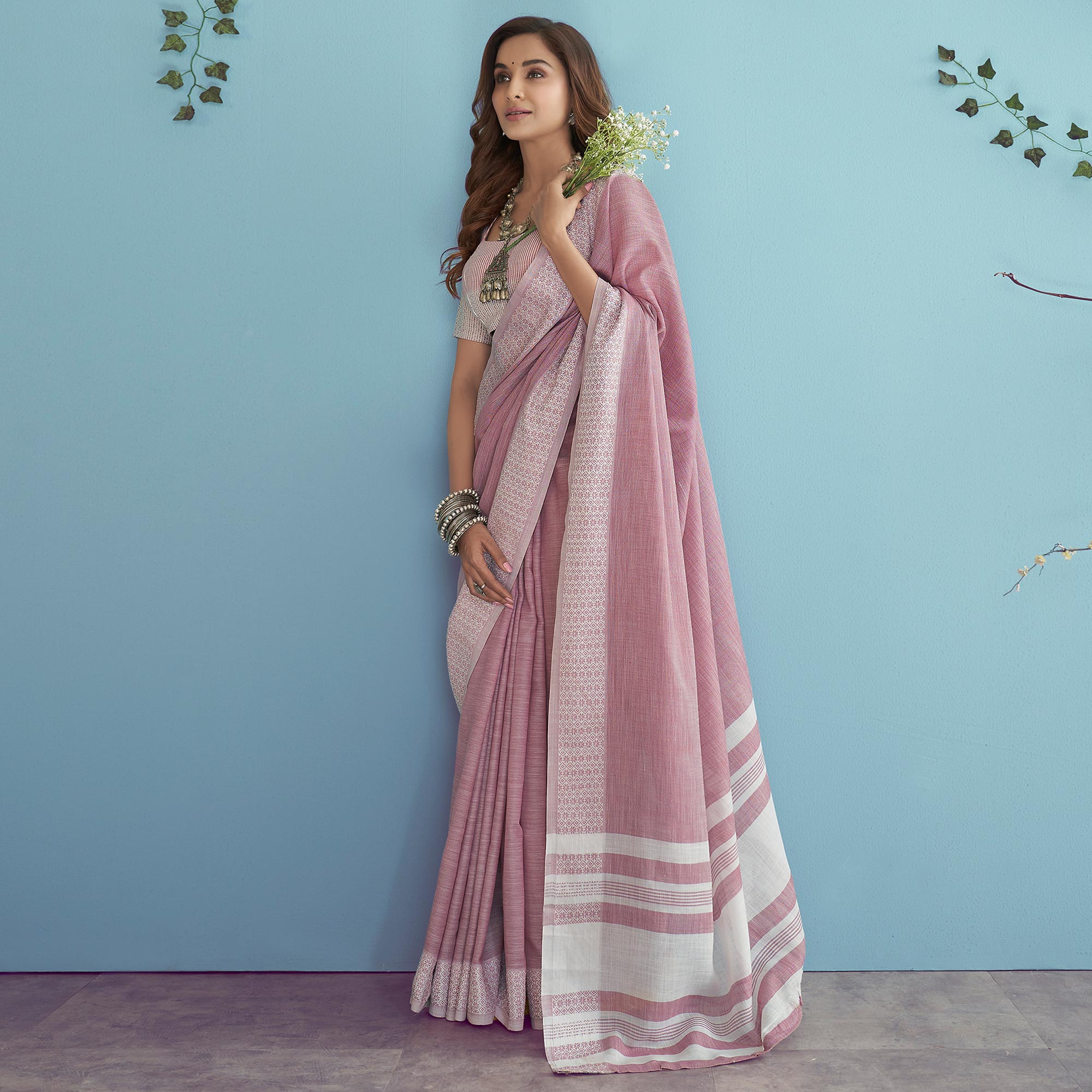 Pink Woven Linen Saree