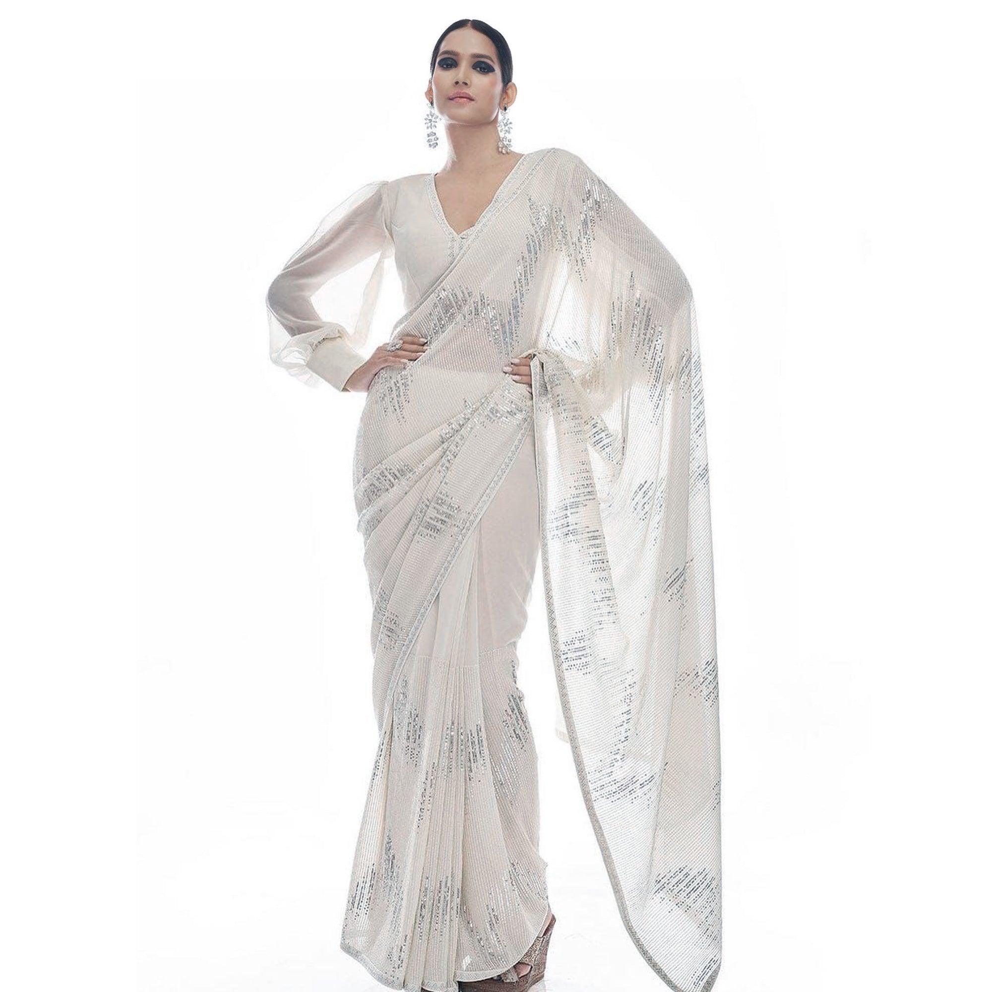 White Sequins Embroidered Georgette Saree