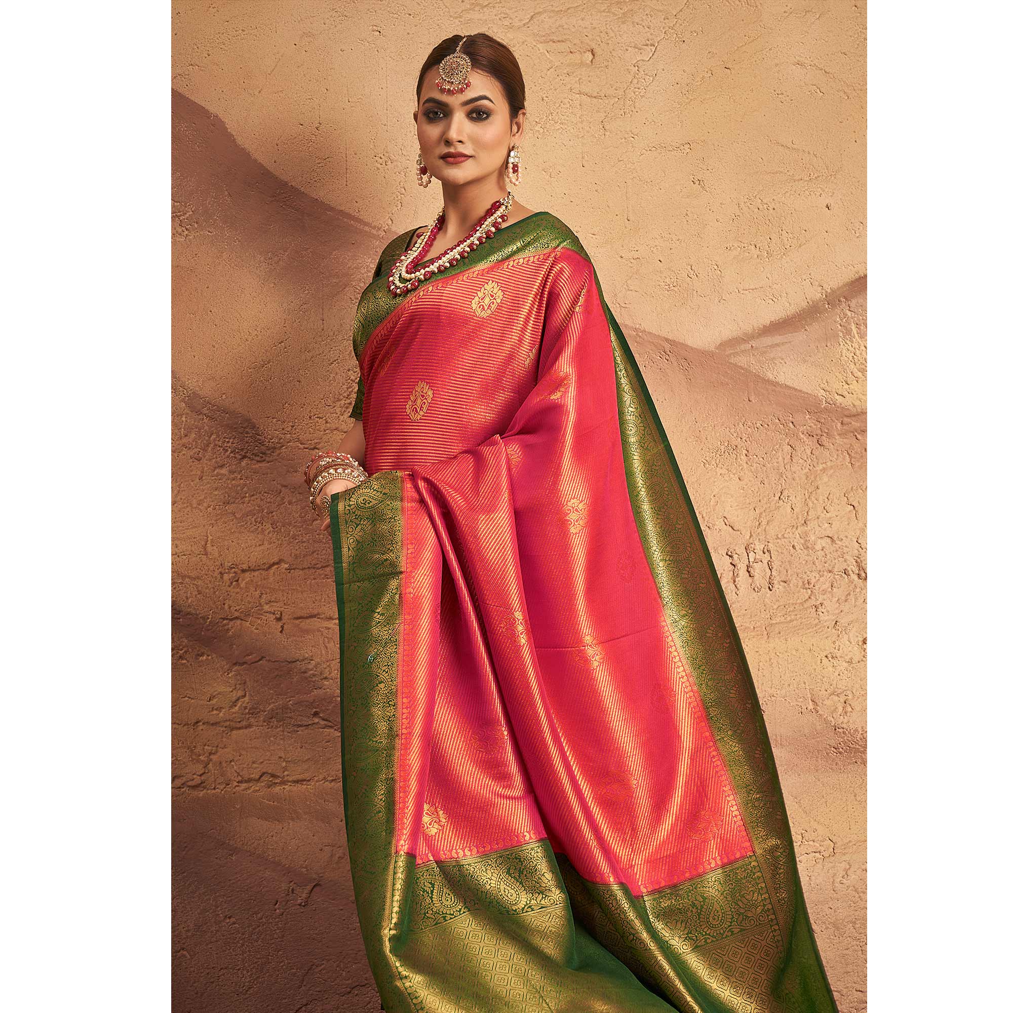 Pink Woven Art Silk Saree With Tassels